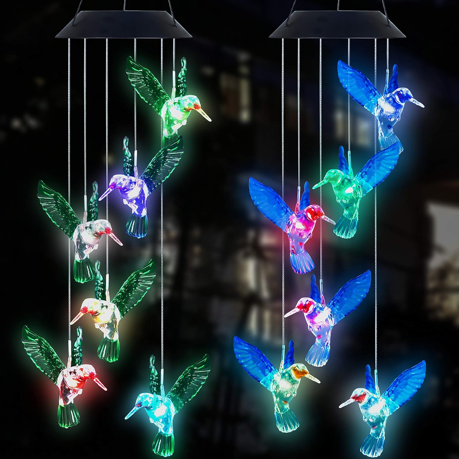 2 Pack Hummingbird Wind Chimes Blue and Green Color Solar Powered LED Automatic Color Changing Mobile Wind Chimes Outdoor Hanging Patio Light for Home, Porch, Deck, Garden Party Decoration