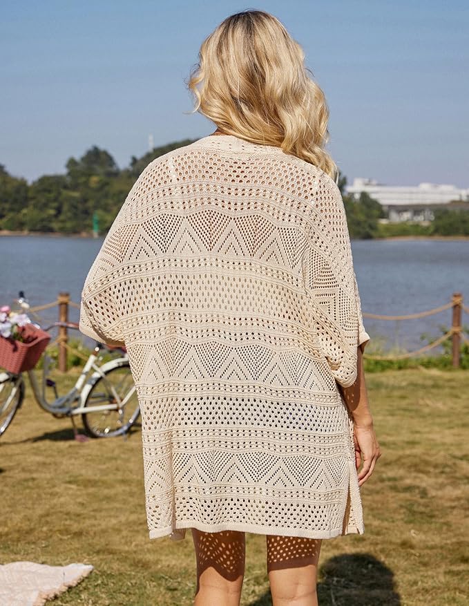 GRACE KARIN Dames hol gehaakte zomer vest open voorkant vleermuismouwen boho kimono vesten losse pasvorm gebreide kleding voor vakantie, Zwart, L