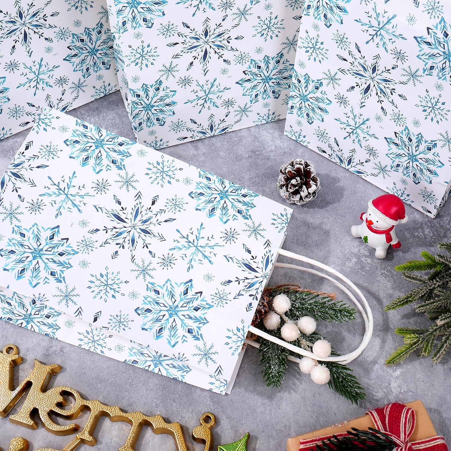 JarThenaAMCS 50Pcs Christmas Paper Gift Bags with Handles and Tissue Paper White Blue Snowflake Party Favor Bags Candy Goodie Treat Bag for Winter Holiday Birthday Party Supplies - Image 5