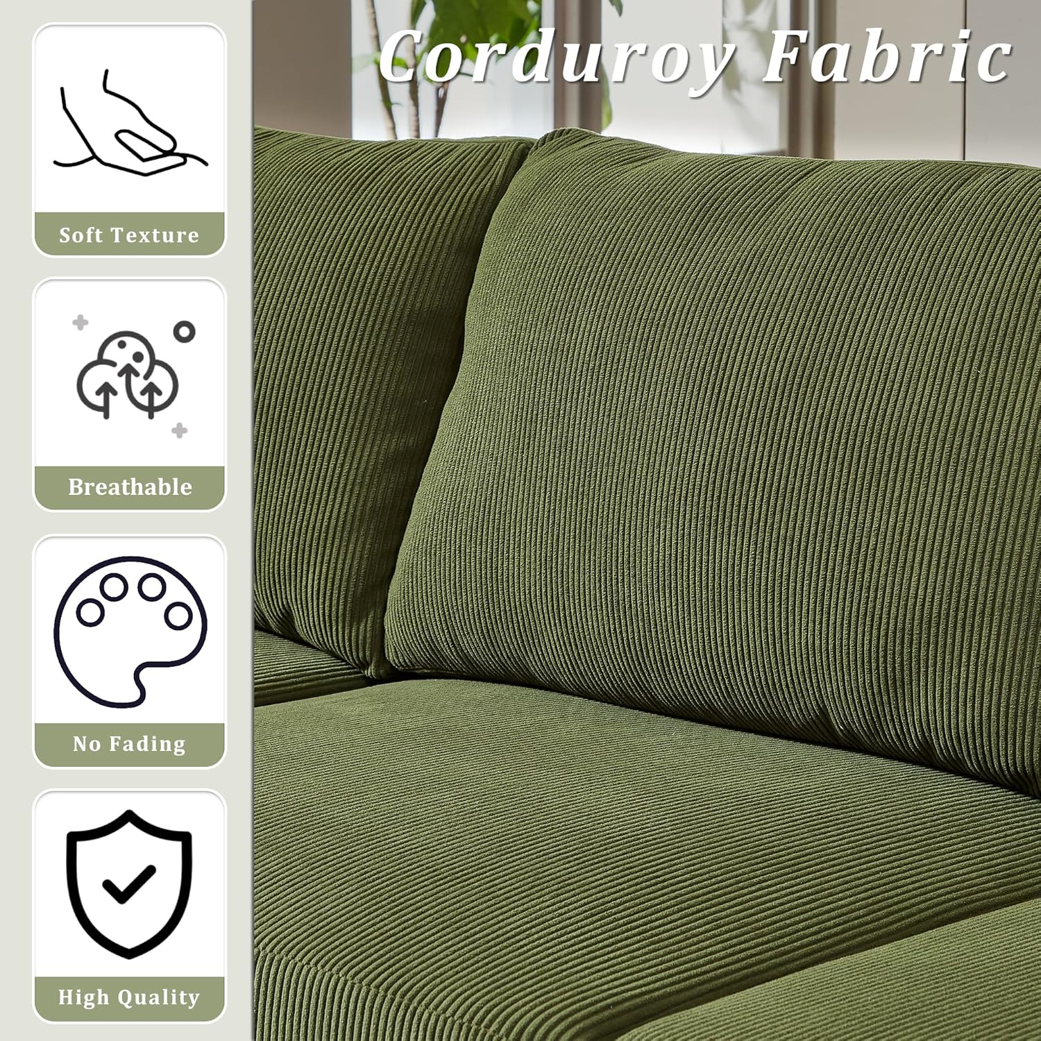 Close-up of corduroy fabric highlighting soft texture, breathability, no fading, and high quality