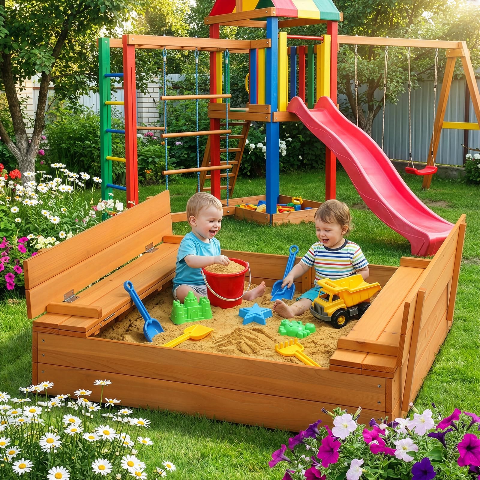 LEADZM Bac à Sable en Bois pour Enfants avec Banc et Couvercle, 110 x 110 x 21 cm, Grand Bac à Sable Extérieur pour Jardin, Plage, Parc, Cadeau pour Garçons et Filles de 3 à 12 Ans