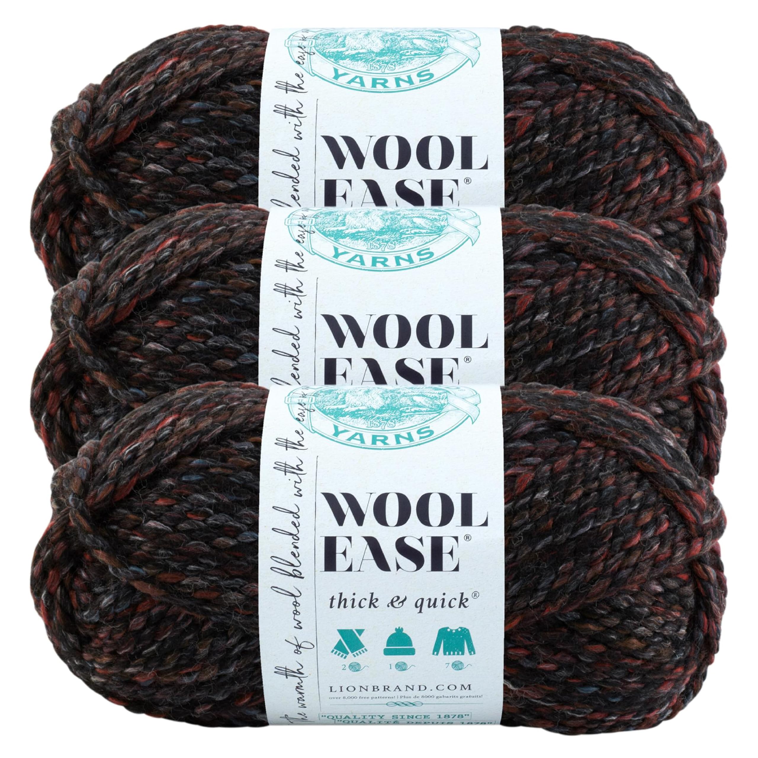 Lion Brand Yarn, Wool-Ease Thick &amp; Quick Yarn, Blackstone, Black, 3 Pack
