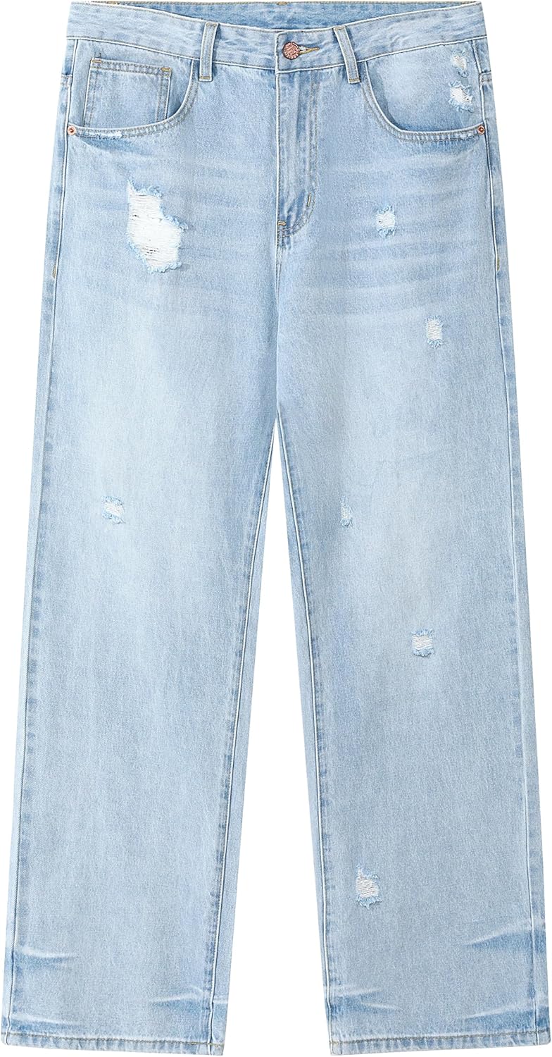 Men's Y2K Hip Hop Ripped Baggy Jeans Loose Fit Wide Leg Denim Pants Casual Streetwear Trousers - Image 5