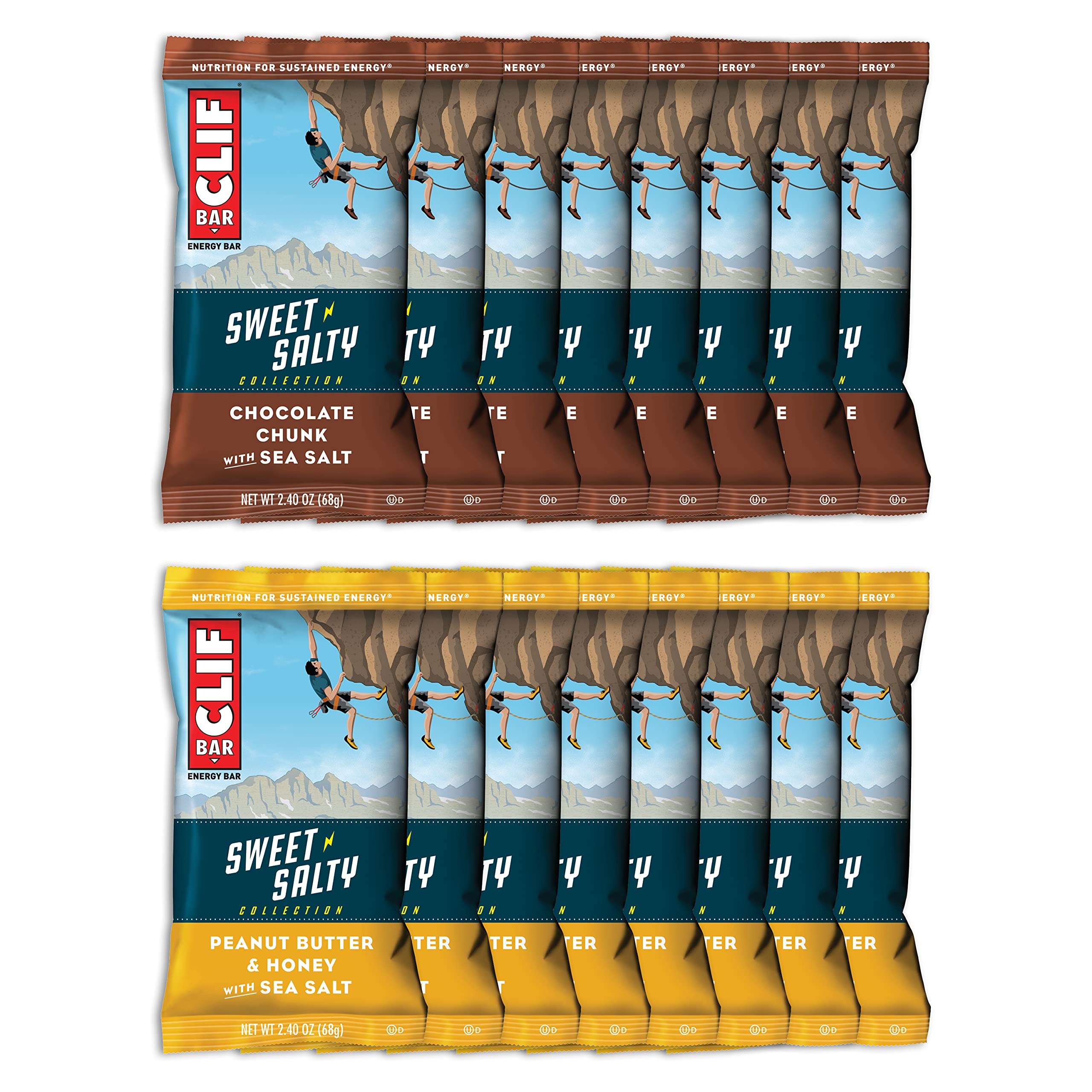 CLIF BarEnergy Bars - Sweet & Salty Variety Pack - Includes Chocolate Peanut Butter with Sea Salt (2.4 Oz Protein Bars, 16 Count) (Packaging & Assortment May Vary)
