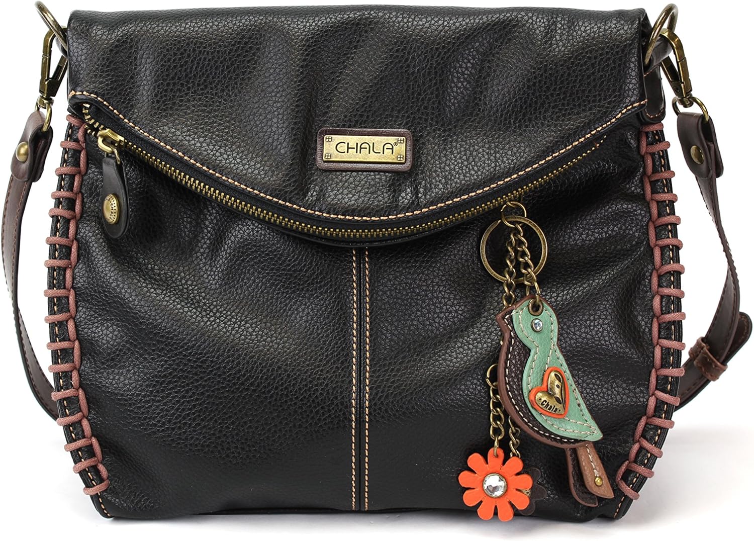 CHALA Charming Crossbody Bag Shoulder Handbag With Flap Top and Zipper Black (Teal Mini Bird)