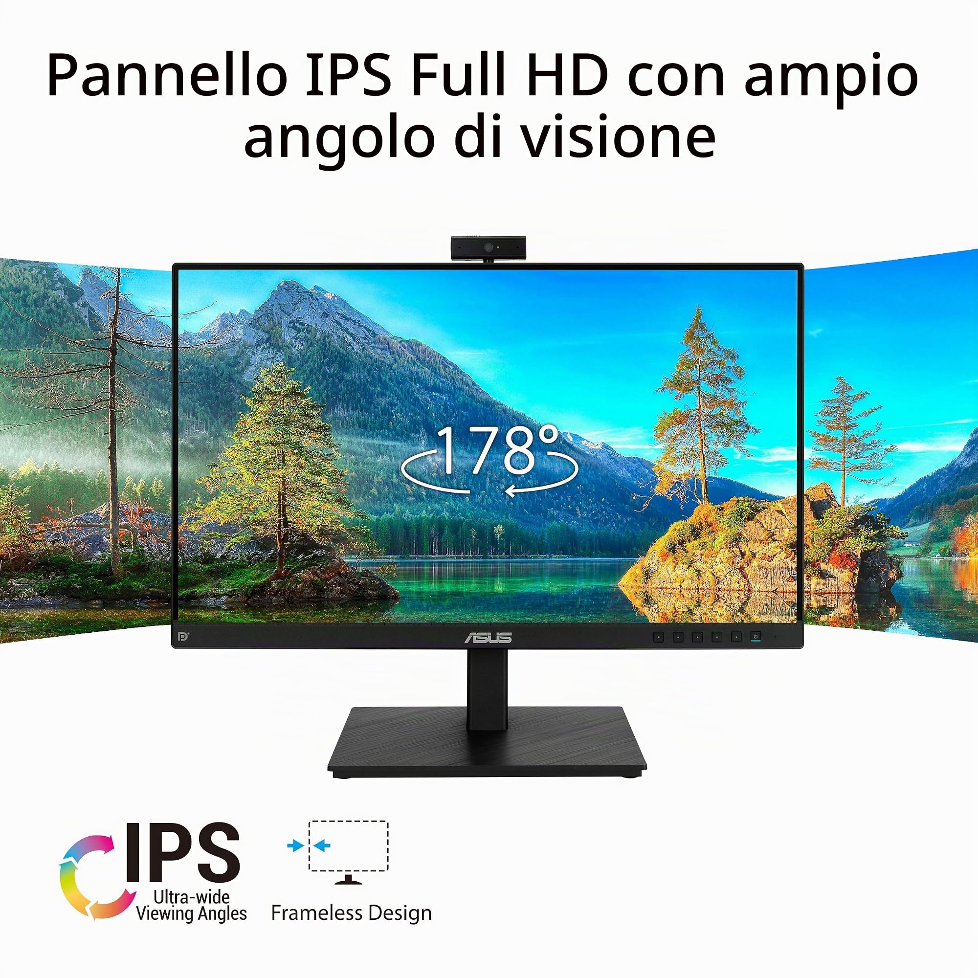 ASUS BE24EQSK, Monitor per Video Conferenze da 23,8" IPS Full HD, Nero | Design Senza Cornice, Webcam FHD, Porta per il Microfono e HDMI, Altoparlanti, Tecnologia Eye Care e Anti-Sfarfallio