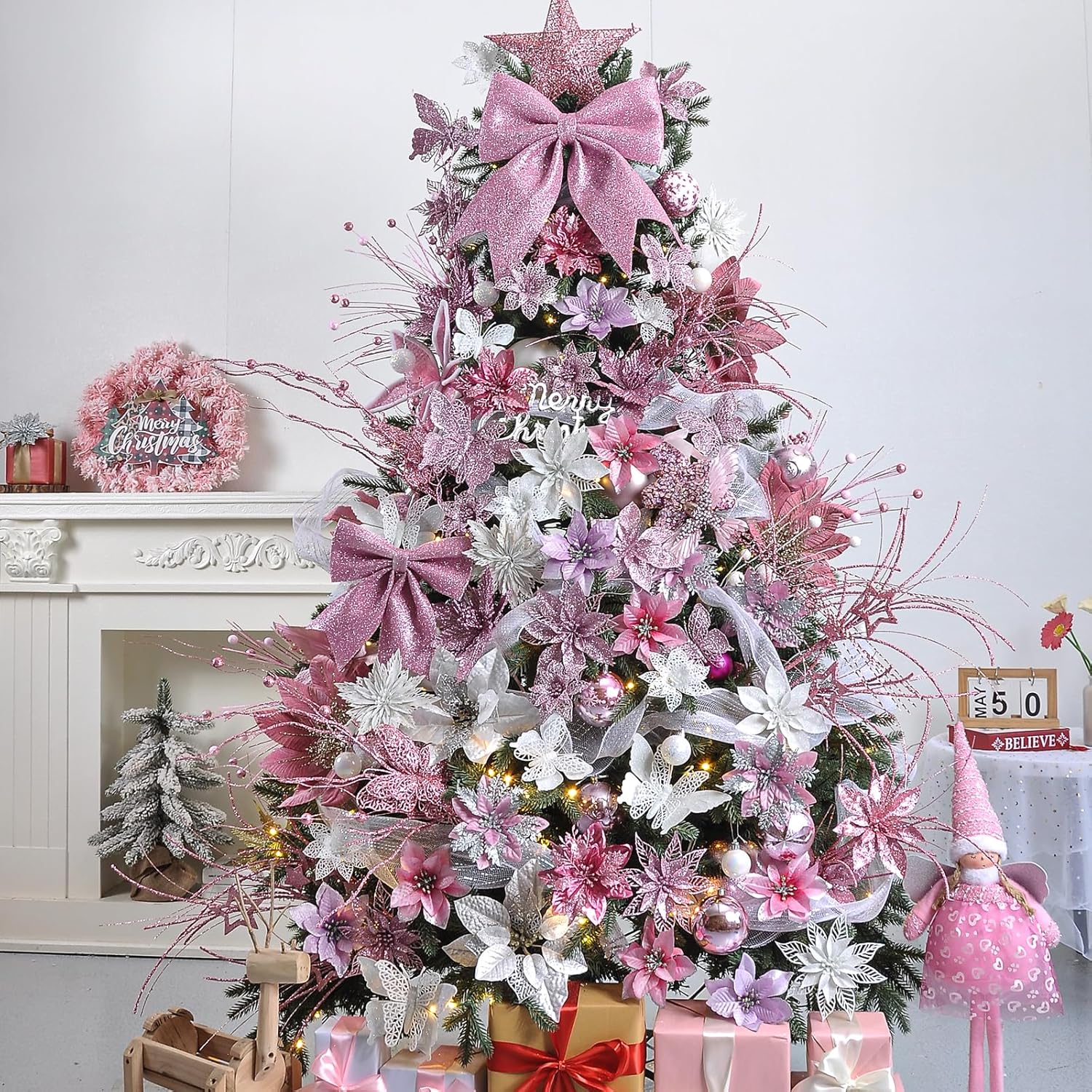 24PC 5.5" Pink Artificial Poinsettia Christmas Flowers, Glitter Christmas Decorations for Xmas Tree Wreath Fireplace New Year Home Decor (Pink)