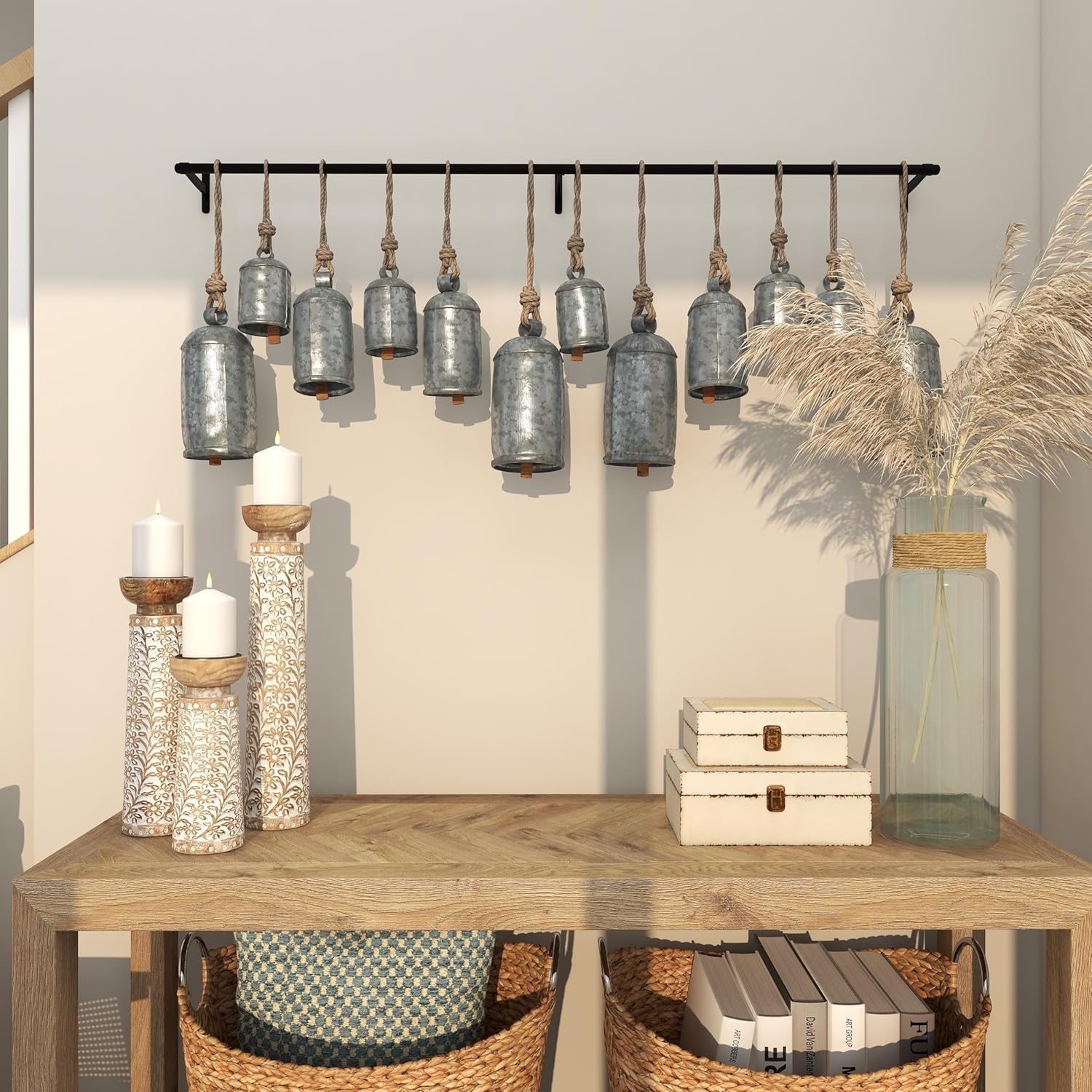 Deco 79 Metal Decorative Cow Bells Tibetan Inspired 12 Bell with Jute Hanging Rope and Black Metal Rod, 48" x 6" x 20", Gray