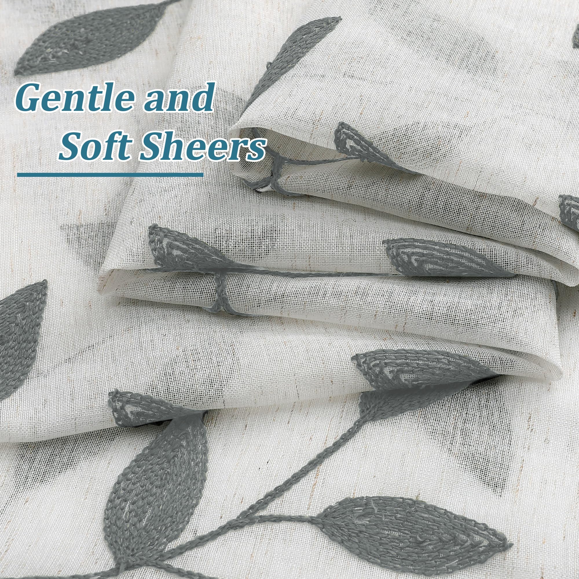 Grey Sheer Curtains - Embroidered Leaf Drapes -4 Grey Sheer Curtains - Embroidered Leaf Drapes -4