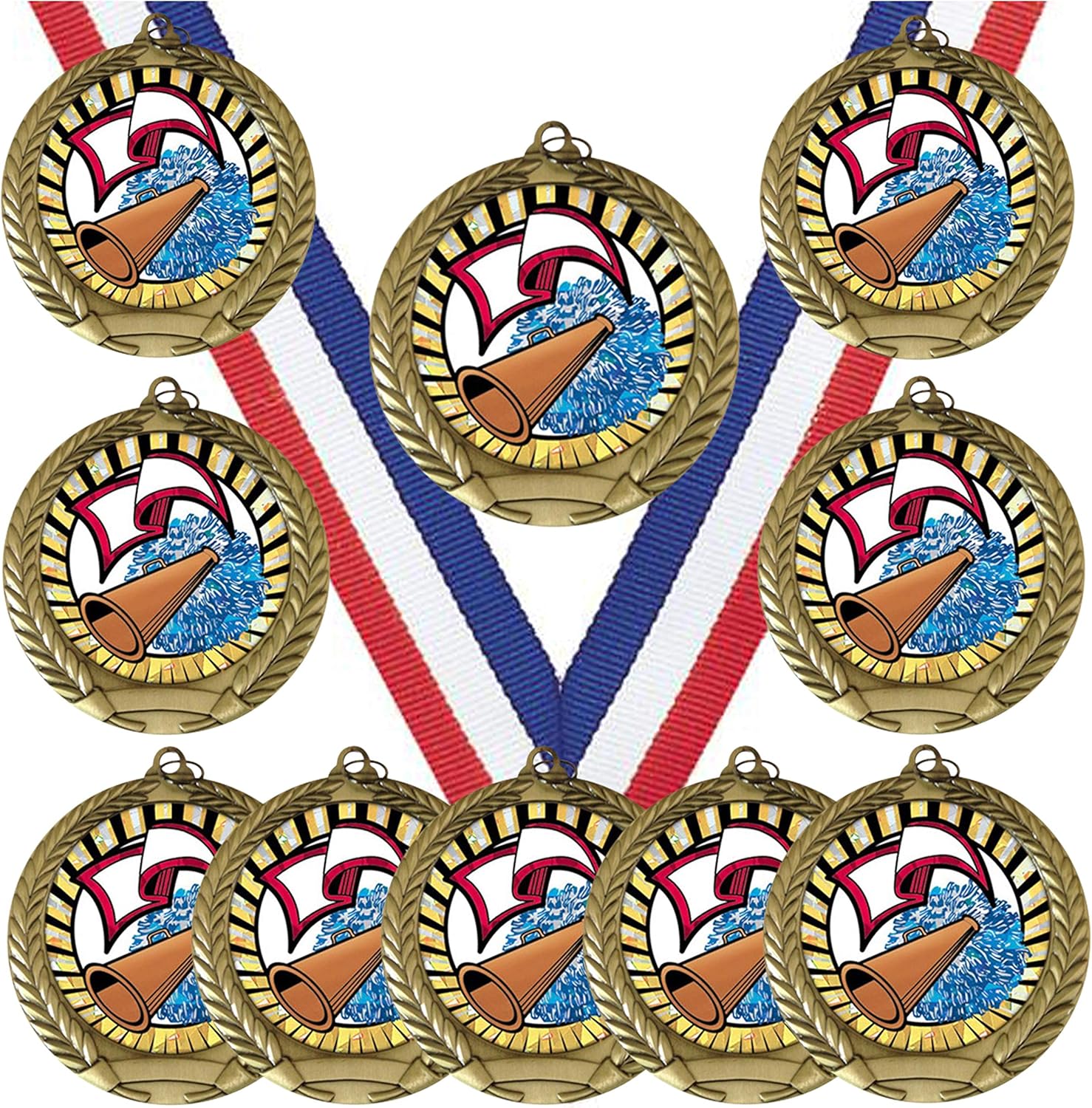 10 Pack of Cheerleader Cheerleading Gold Medals Trophy Award with Neck Ribbons MY310