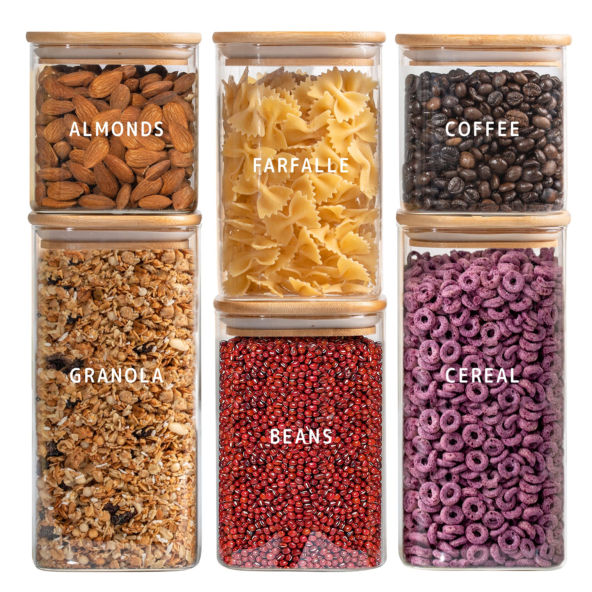 Laramaid Glass Jar Set (2x27oz/2x40oz/2x50oz) Set of 6 with 160 Minimalist Pantry Labels, Square Canister Jars with Bamboo Lids and Transparent Customized Sticker Labels, Food Storage Containers
