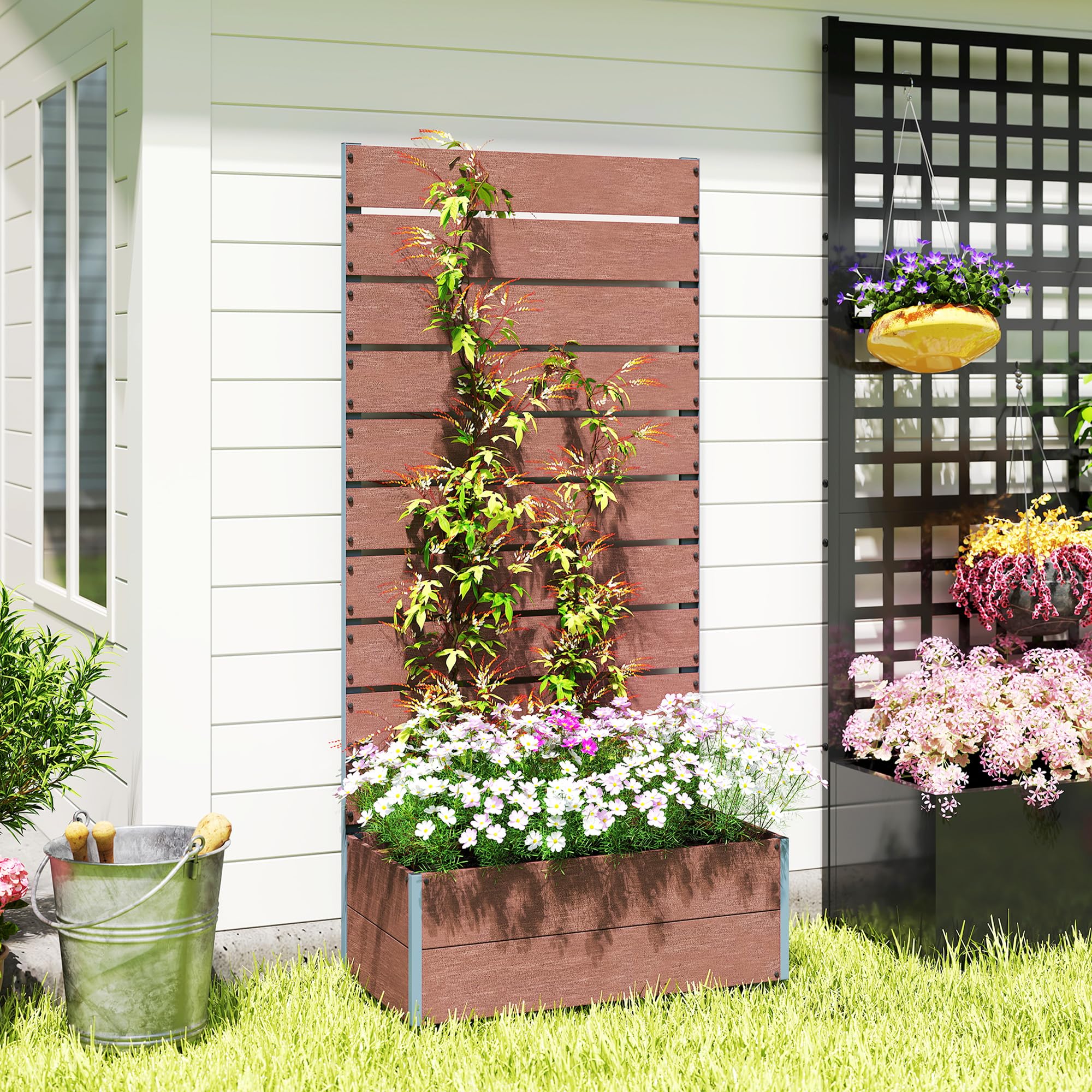 Outsunny Jardinière avec Treillis, lit surélevé de Jardin, jardinière extérieure pour Plantes grimpantes, bac à Fleurs rectangulaire Pot de Plantes pour Balcon terrasse, 72x38x150 cm, Marron Clair