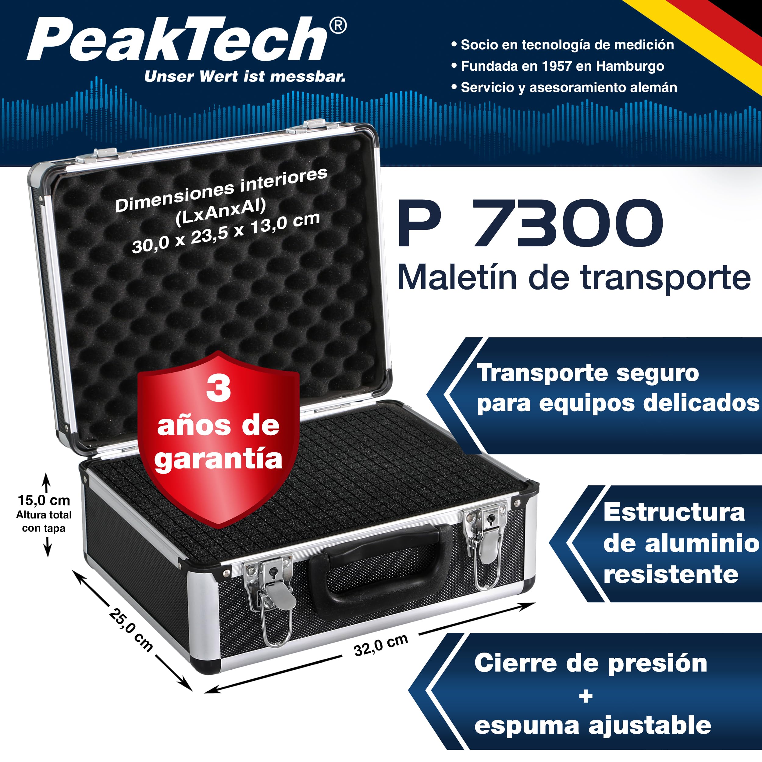 PeakTech 7300 – Estuche universal para dispositivos de medición, robusto, almacenamiento de herramientas, relleno de espuma, con cerradura, protección contra el polvo, M - 320 x 250 x 150 mm