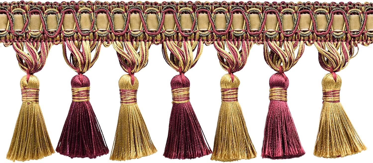 DÉCOPRO 4" (10cm) Noblesse Scroll and Ribbon Gimp with Silky Tassel | Fringe Trim (TFH4-PY) Rust Medley Multicolor #07H (Rust Gold Olive) 14 Yards (42 ft/12.5m)