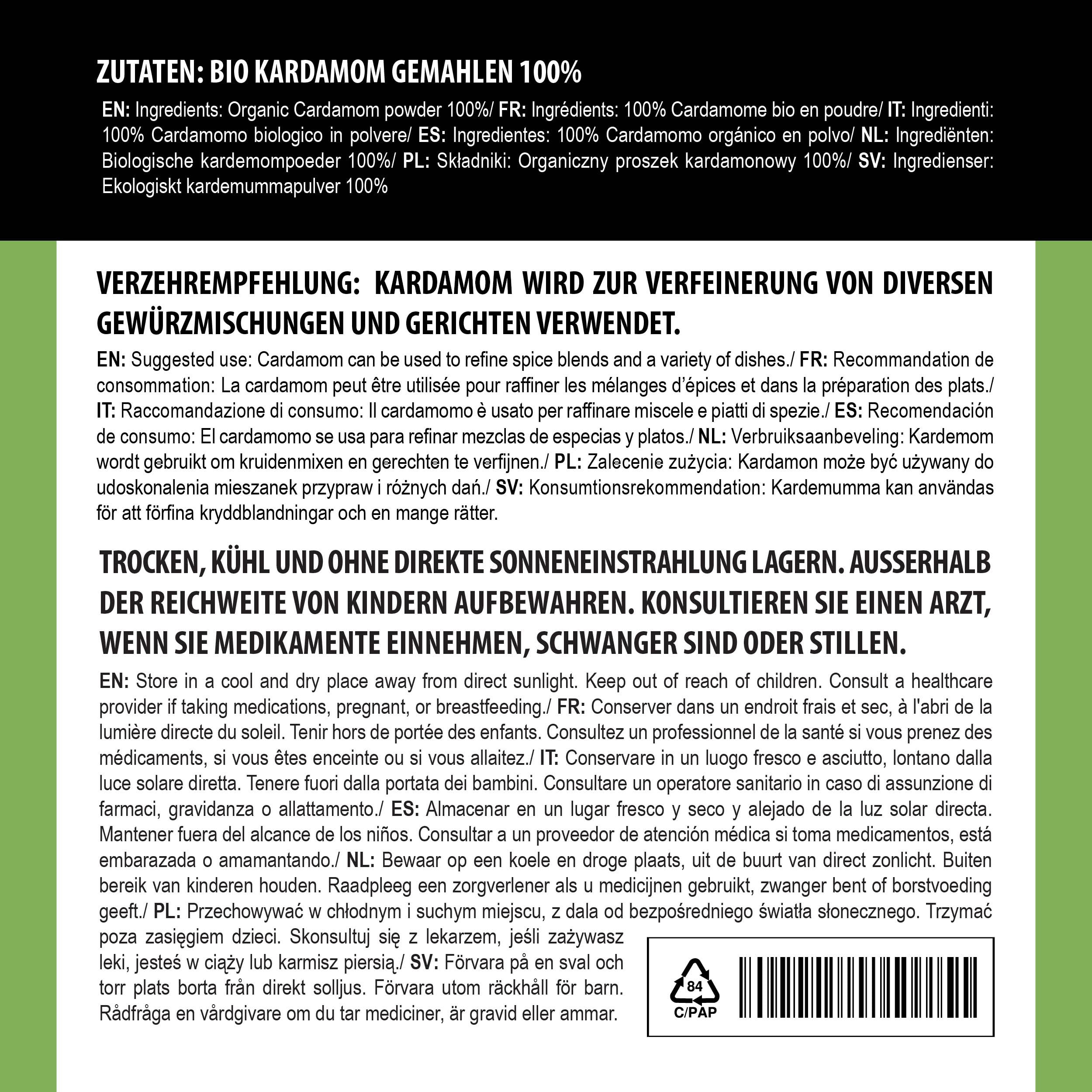 Alpi Nature Cardamome BIO Moulue 200g, Gousses et Graines de Cardamome Verte Moulues pour la Cuisine et la Pâtisserie