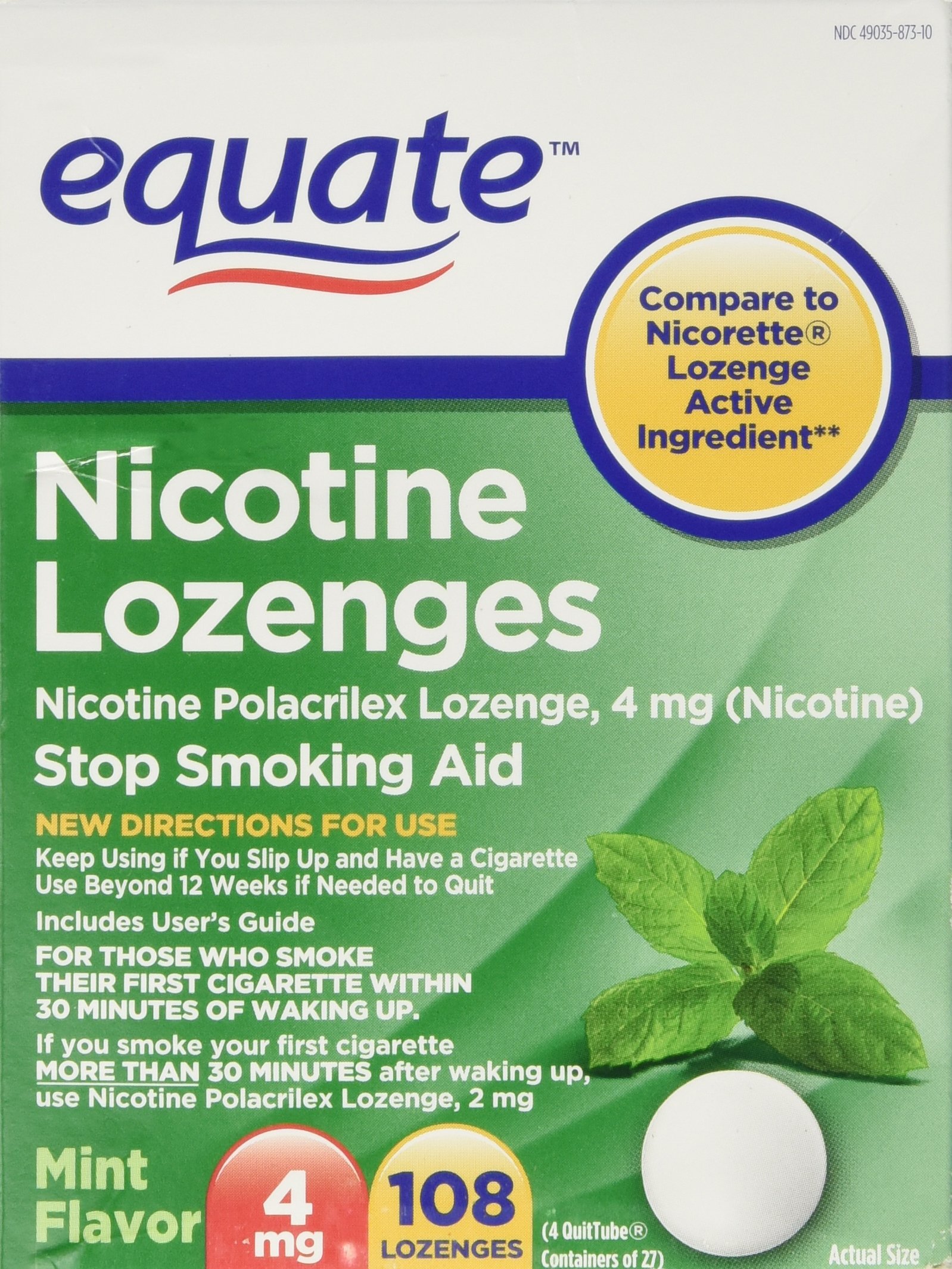 Equate - Nicotine Lozenge 4 mg, Stop Smoking Aid, Mint Flavor, 108 Lozenges
