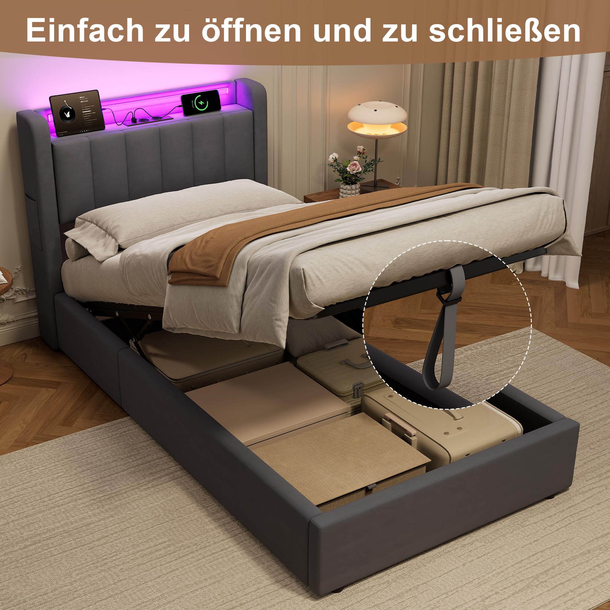 okwish Letto baule 90 x 190 cm con LED e USB, letto imbottito con testiera portaoggetti e contenitore idraulico, in velluto grigio scuro, senza materasso