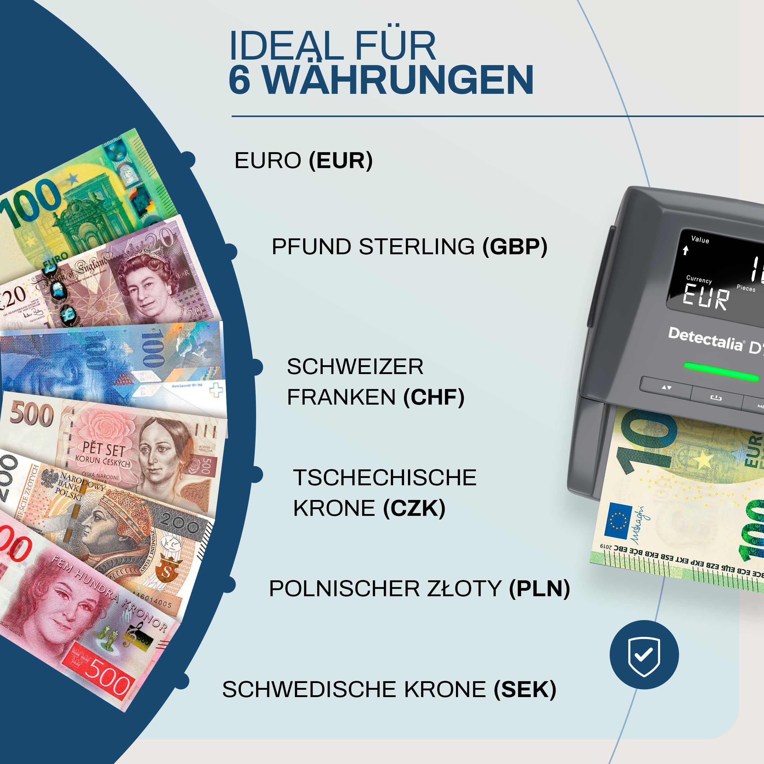Detectalia D7X Geldscheinprüfer und Geldzählmaschine Einzeln - Falschgeld prüfgerät mit 7 Erkennungsprüfungen fur euro, gbp, chf, pln, czk und sek