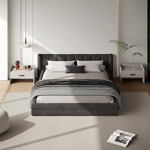 Miniatura 7 de DEINPPA Base de cama tamaño Queen con cabecera suave tipo nube, base de cama de madera con tapizado de chenilla, no necesita somier - Gris oscuro