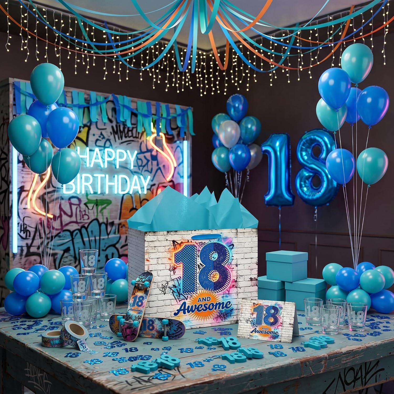 Hkshaoda 18th Birthday Gift Bag with Tissue Paper, 11.8"x9.4" Large 18 and Awesome Gift Bag for Boys Girls, Royal Blue Ribbon Handles Graffiti Brick Wall Skate Street Art Milestone Party Supplies image 5