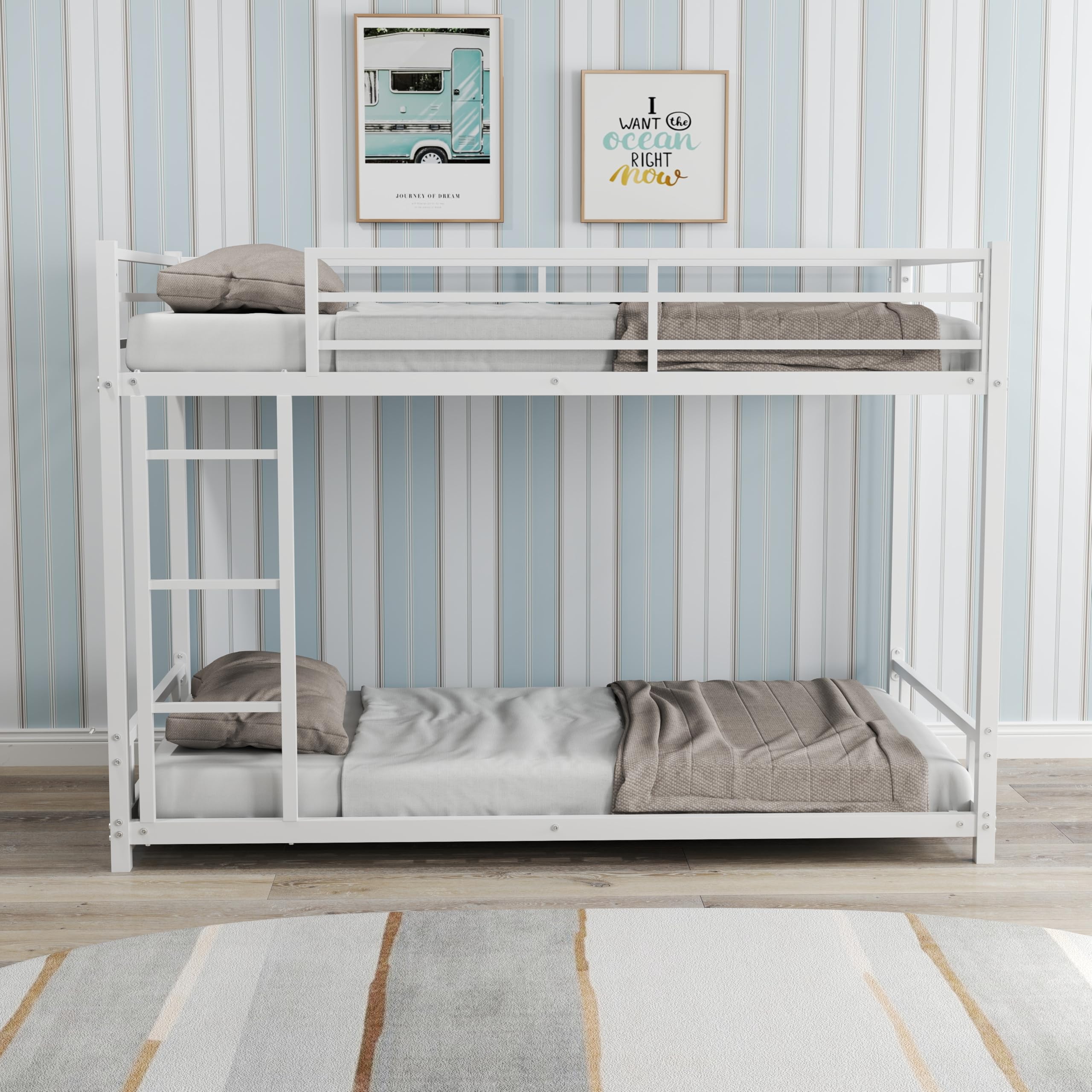 Twin Over Twin Bunk Bed, Metal Bunk Beds with Ladder & Guardrail, Low Profile, for Kids Teens Adults Dorm (White)