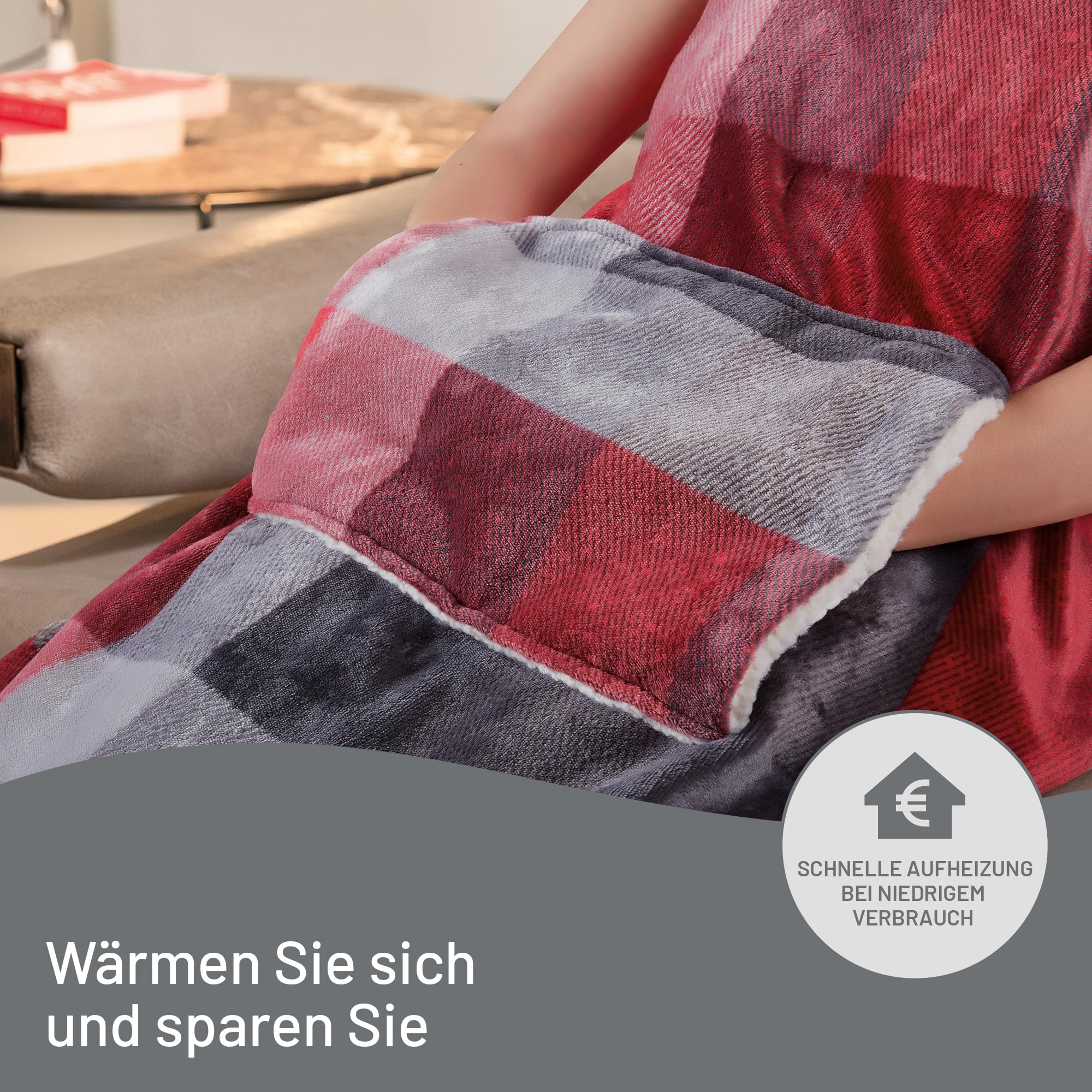 Imetec Adapto Velvet Tartan Heizdecke mit Taschen für Hände und Füße, 150x110 cm Wärmedecke, geringer Verbrauch, Adapto Technologie, sicher, schnelles Aufheizen, 6 Temperaturen, waschbar