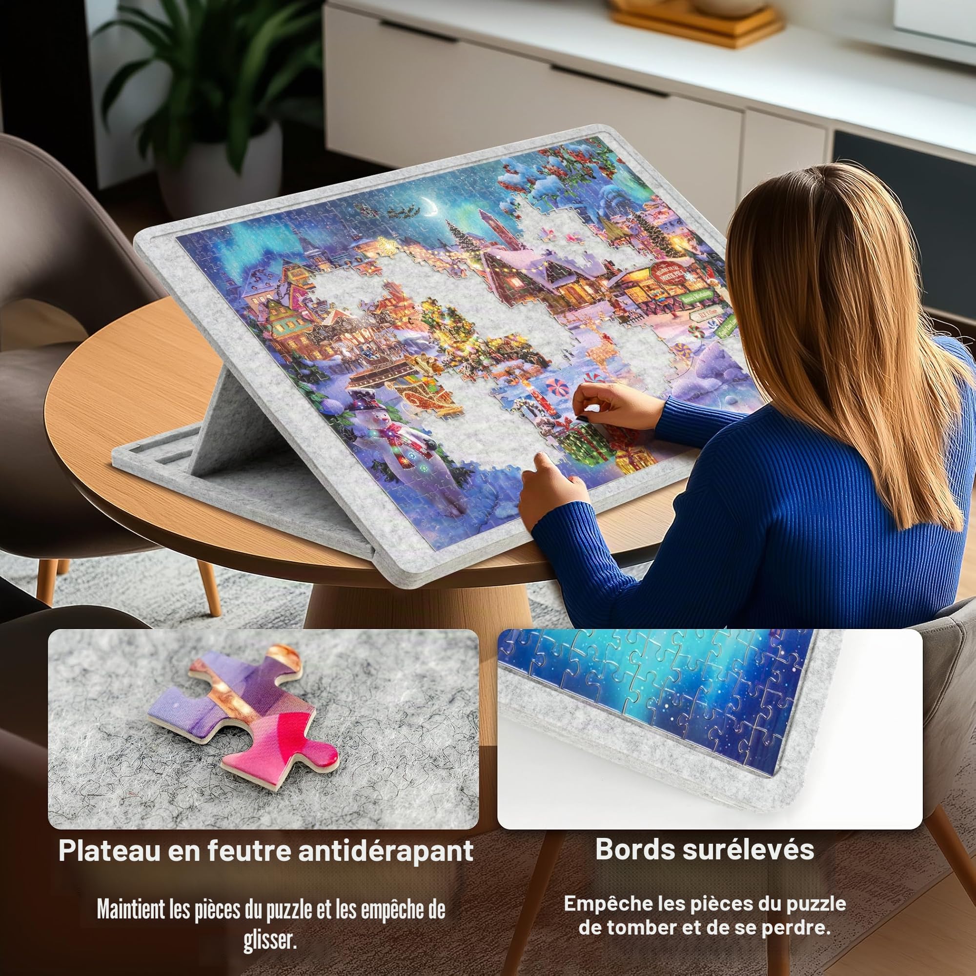 Lavievert Planche de puzzle inclinable de 1000 pièces avec couverture, table de puzzle réglable à 3 angles, tapis de puzzle léger en feutre avec support, économiseur de puzzle portable pour un