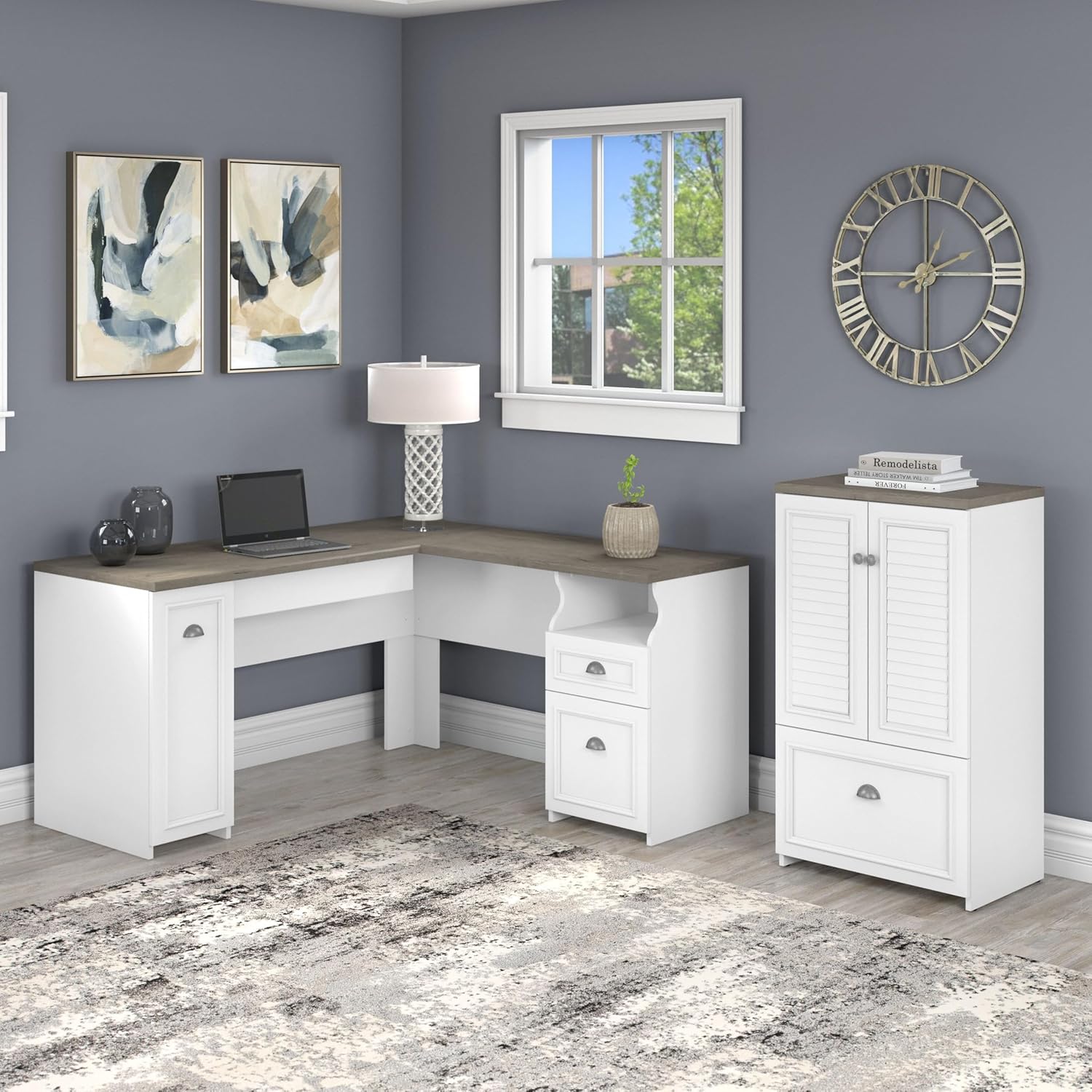 Bush Furniture Fairview 60W L Shaped Desk and 2 Door Storage Cabinet with File Drawer in Pure White and Shiplap Gray