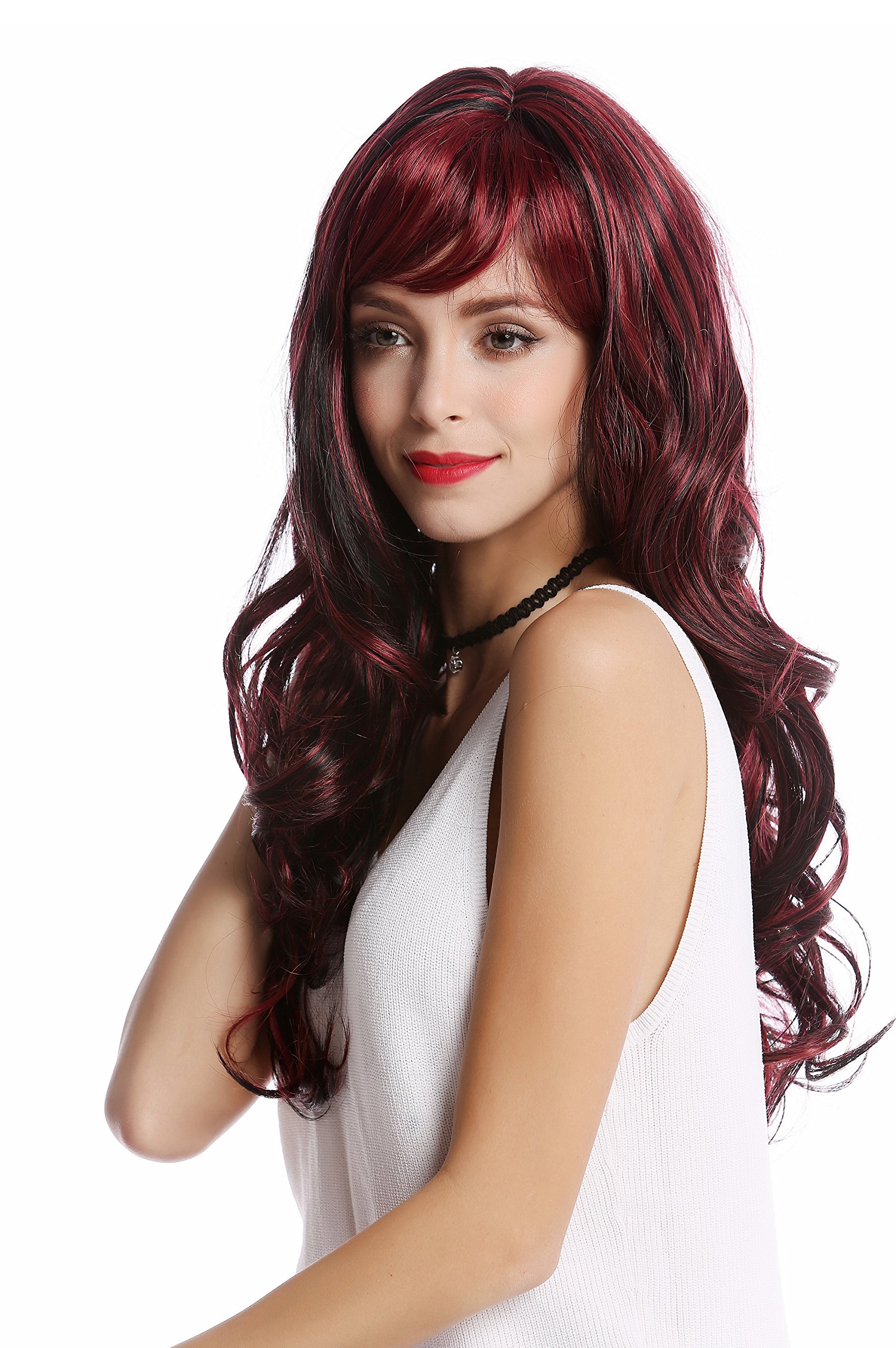 WIG ME UP - GF-W2088-1H139 Lady Quality Wig long wavy slight curl bangs black streaked with burgundy red highlights - Image 3