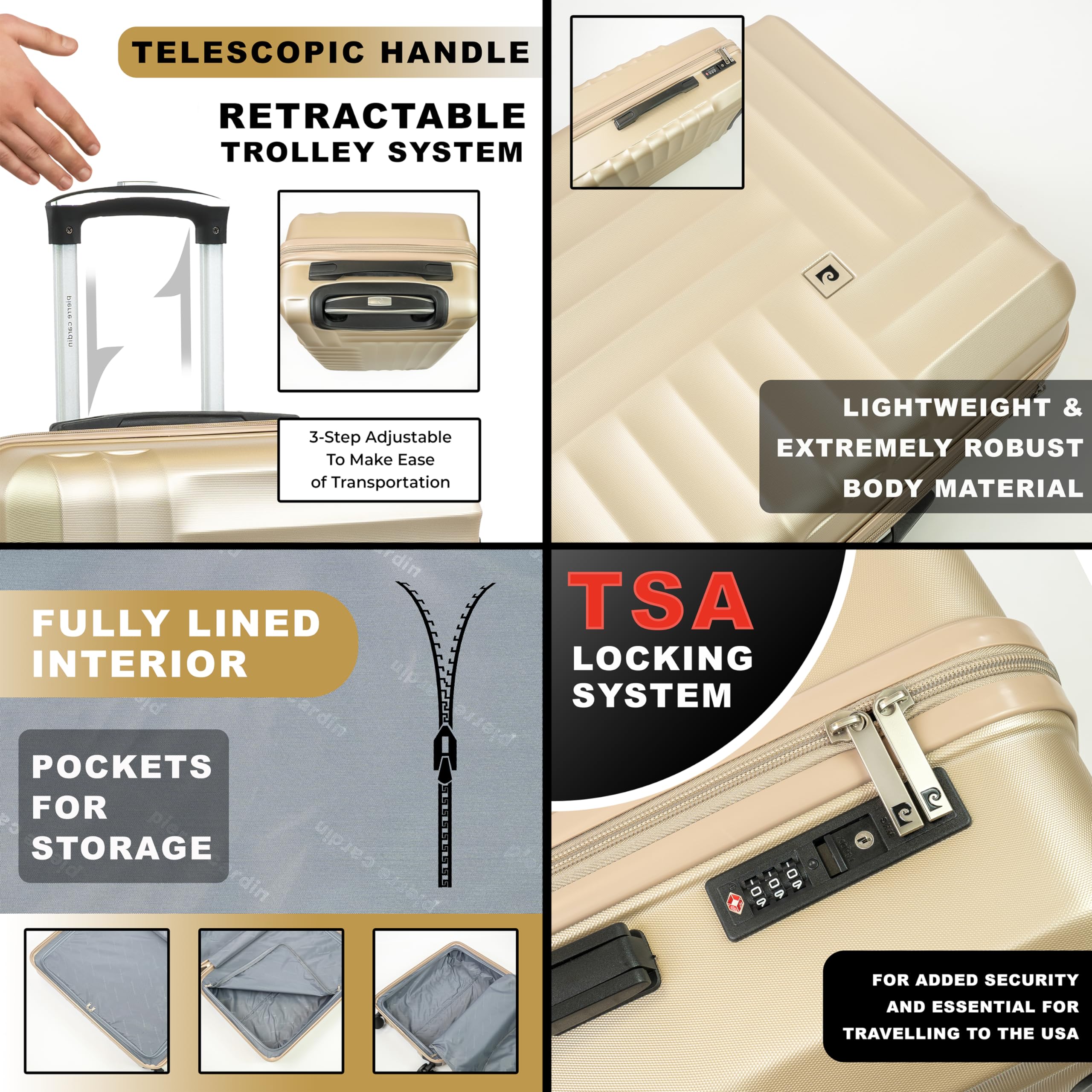 Pierre Cardin – Valise Soleil – Valise de voyage rigide avec 8 roulettes pivotantes à 360 degrés | Serrure TSA et poignée télescopique, champagne, M, Valise