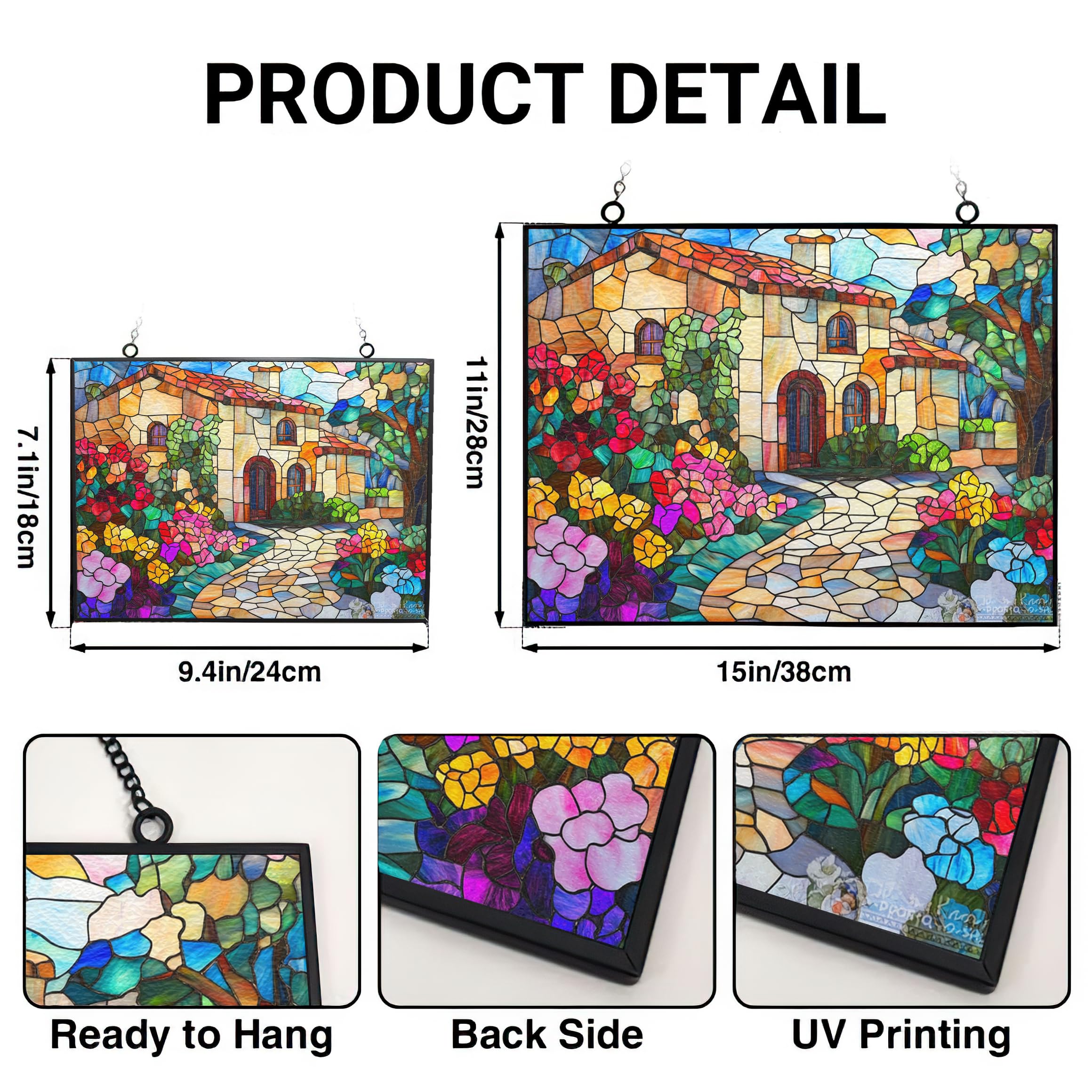 365CUSGIFTS Rectangle Floral Old House Hand Painting Stained Glass Window Hanging,Hummingbird Sun Catchers Indoor Window Decor, Stained Glass Suncatcher Gifts for Women, Christmas