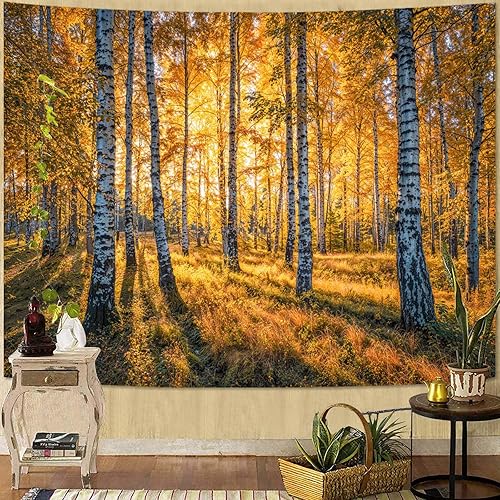 Miniatura 2 de Zussun Tapiz de otoño de bosque natural, tapiz de otoño de bosque de abedul, tapiz de pared para dormitorio, estético, paisaje amarillo, sol,
