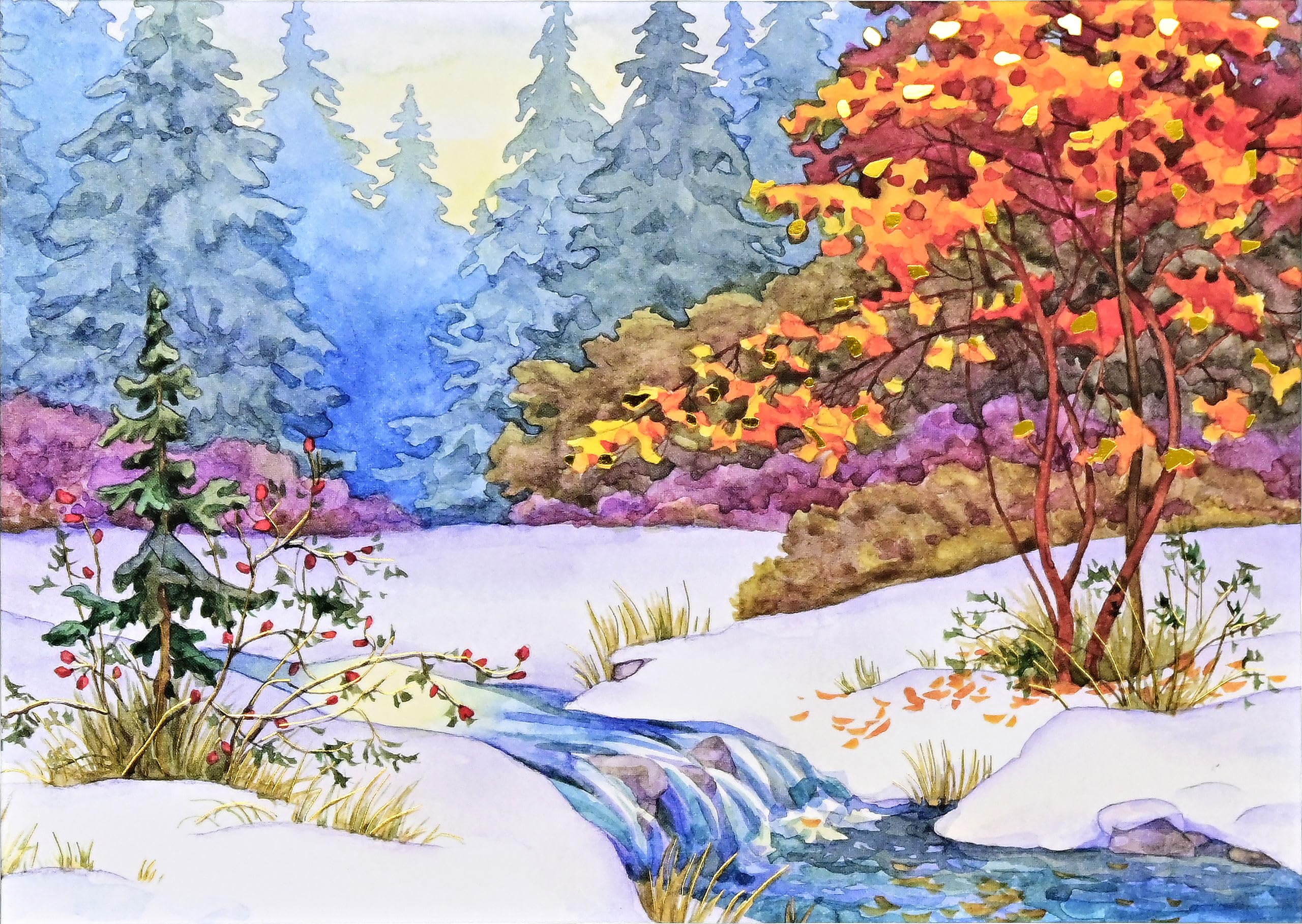 Winter Tapestry Deluxe Boxed Holiday Cards (20 cards, 21 self-sealing envelopes), White, Gold, Orange, 7 x 5 inch