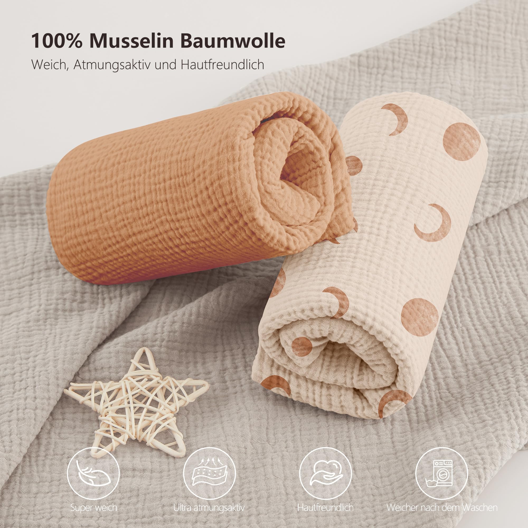 Bearmoss Sábana de Muselina, 100% Algodón, para Colchón Estándar de Cuna y Colchón de Cama Infantil, 60 x 120 cm/70 x 140 cm,Sabana Bajera Cuna Ajustables para Cama Auxiliar (Luna Marrón, 60x120)