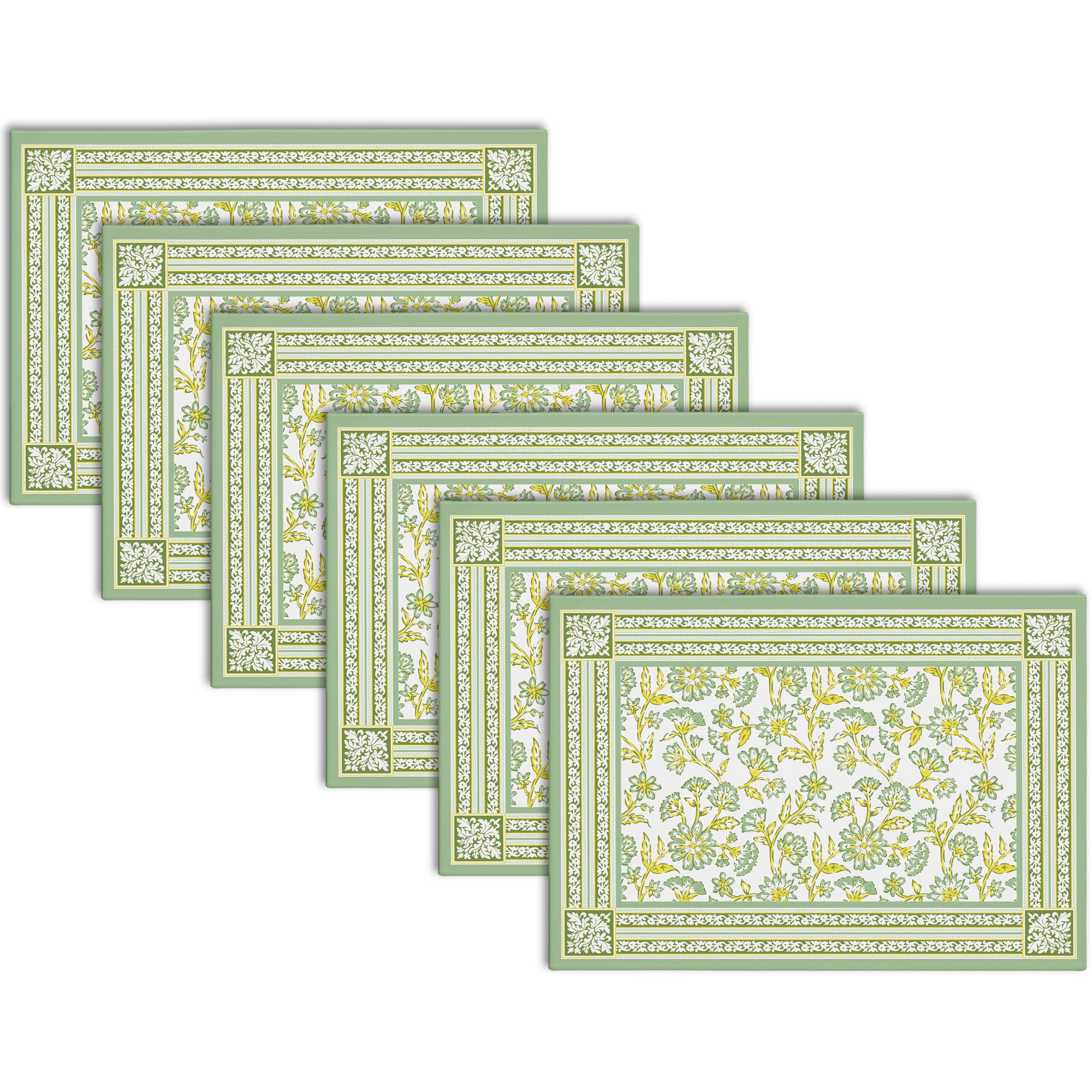 Encasa XO Dining Table Mats Set of 6 | Sage-02 Block Printed Cotton Canvas Placemat - 46x32 cm | Jaipur Sanganeri Hand Print-image-36