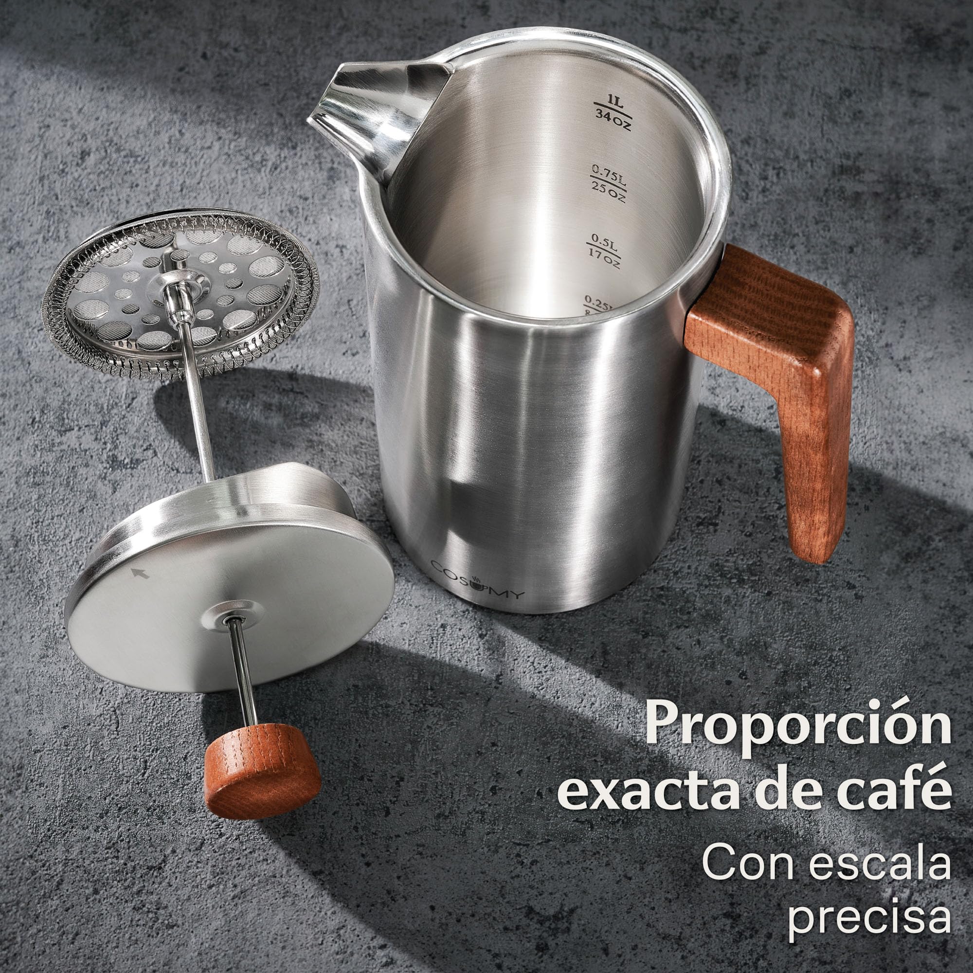 Cafetera Francesa 1L Acero Inoxidable Madera Roble Doble Pared Aislada 5 Tazas 2 Filtros