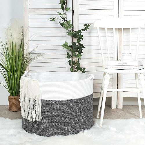 Miniatura 41 de MINTWOOD Design Cesta decorativa extragrande de 22 x 16 pulgadas de cuerda de algodón tejida para sala de estar con asas y cesta redonda para ropa