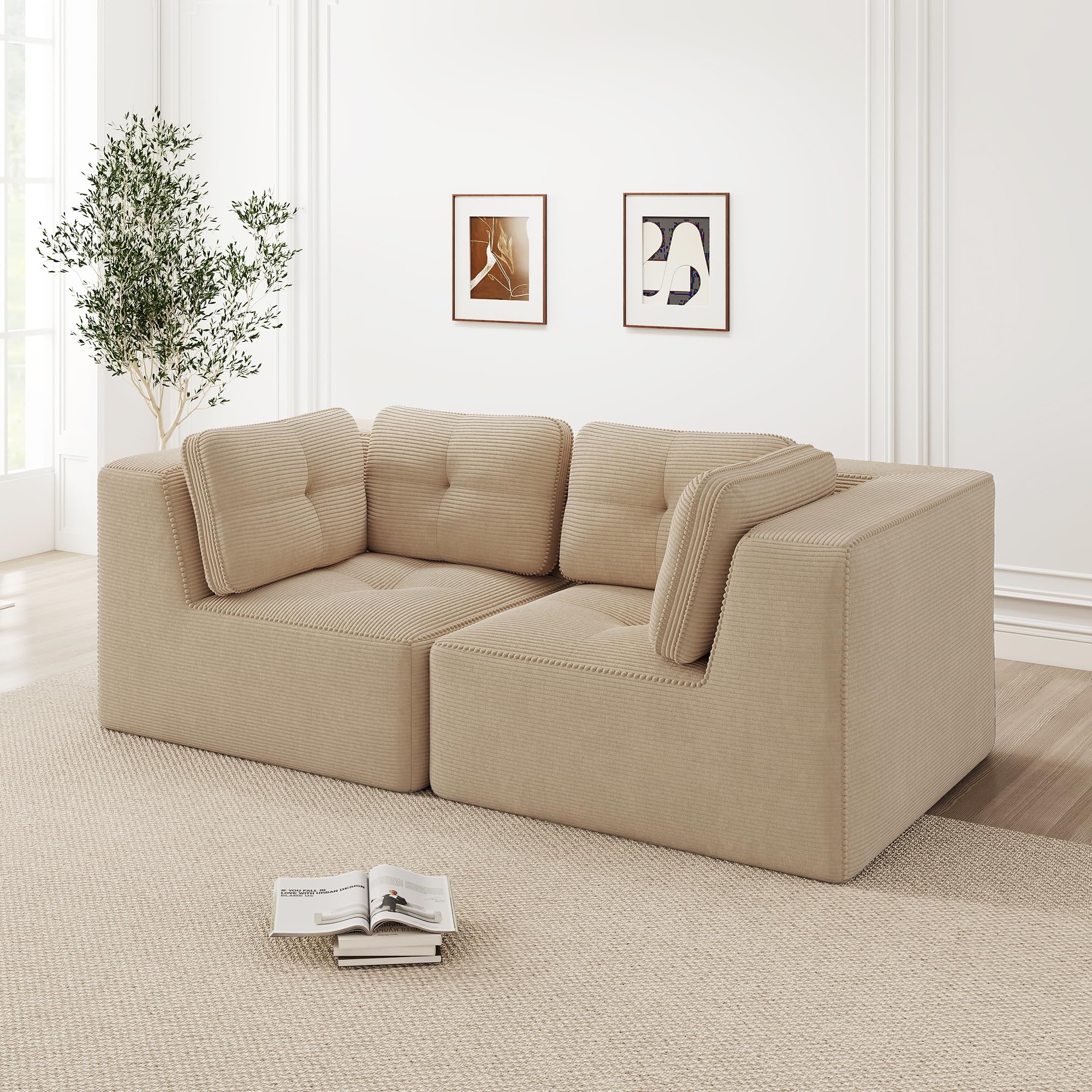 Sofa 2-osobowa ze sztruksu, modułowa, bezramowa, beżowa, głęboka siedziska