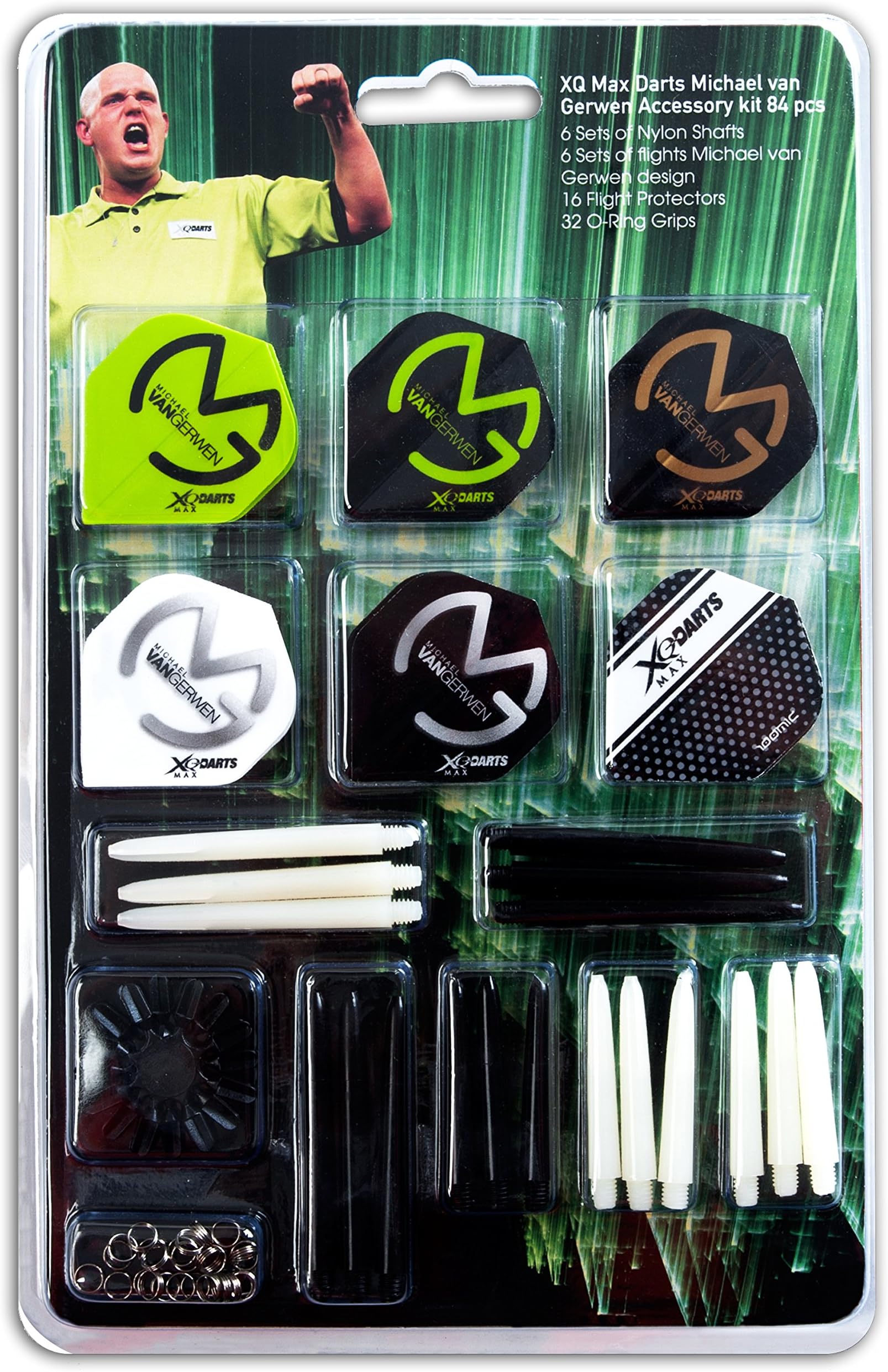 XQ MAX Michael Van Gerwen "Mighty Mike" dart accessory kit, 84-piece accessory set with 6 sets of nylon shafts, 6 sets of MvG design (100 micron), 16 flight protectors and 32 O-rings, trendsport professional checkout table