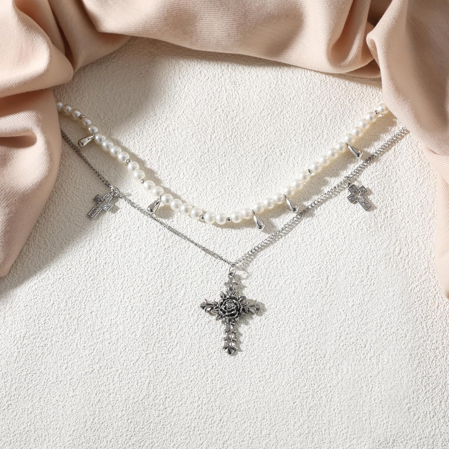 Gothic Cross Layered Necklaces, Goth Stacked Pearl Necklace with Cross Pendant for Women, Adjustable Statement Chunky Silver Jewelry for Women Cosplay Birthday Party Y2k Fashion Accessories - Image 6
