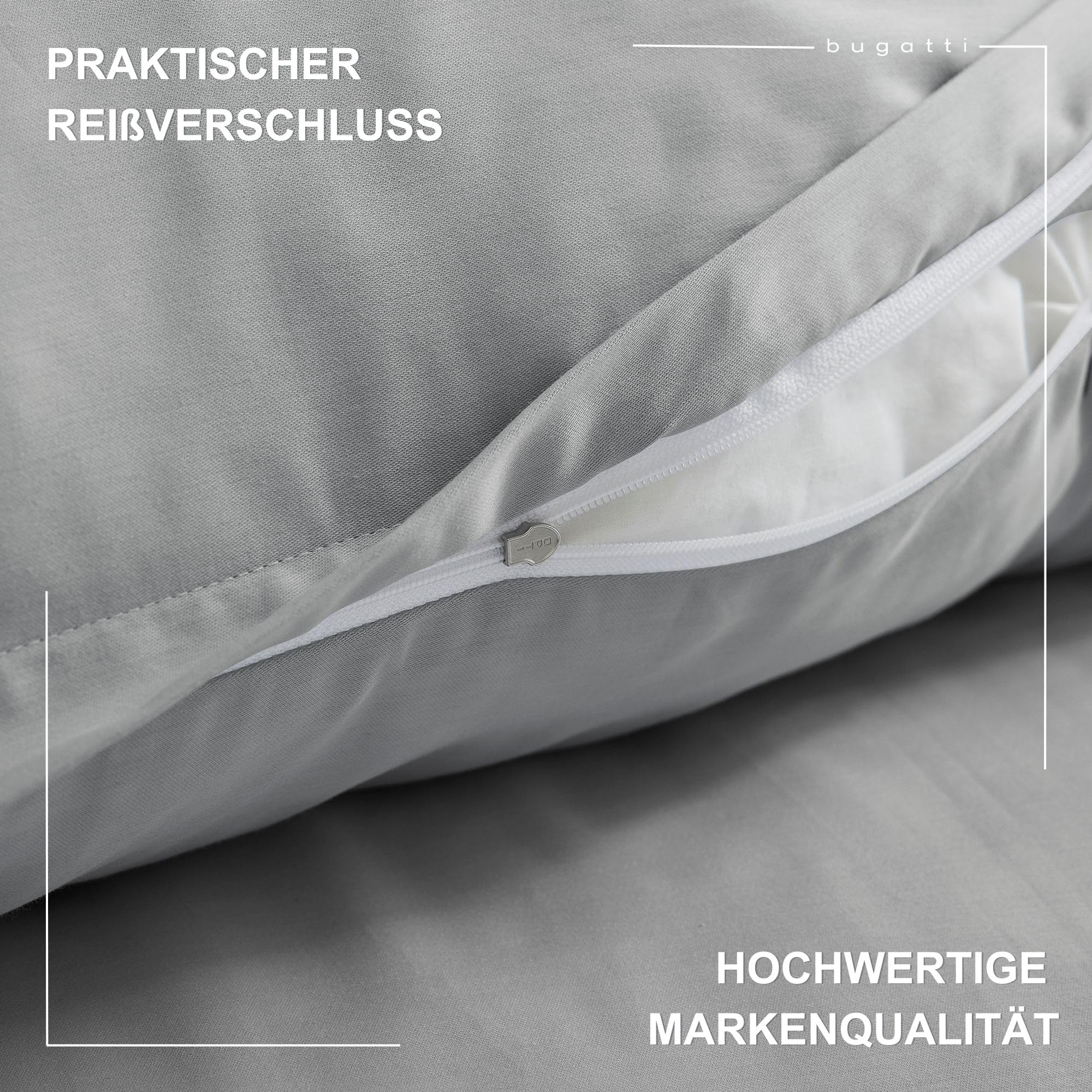 bugatti Bettwäsche 135x200 cm - 100% Baumwolle, Reißverschluss, anschmiegsam, weich & waschbar, Satinbettwäsche hellgrau einfarbig