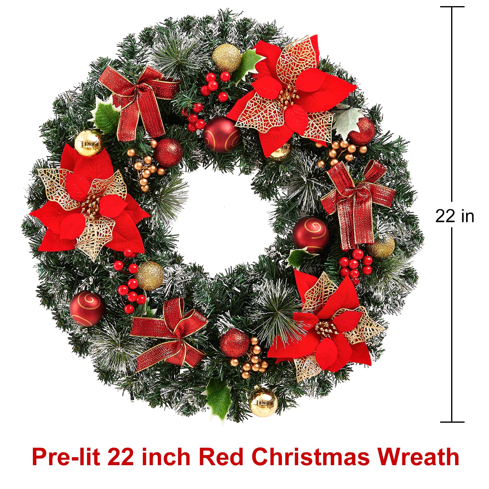 22 Inch Pre-Lit Artificial Christmas Wreath - With Golden Leaves, Balls & Timer