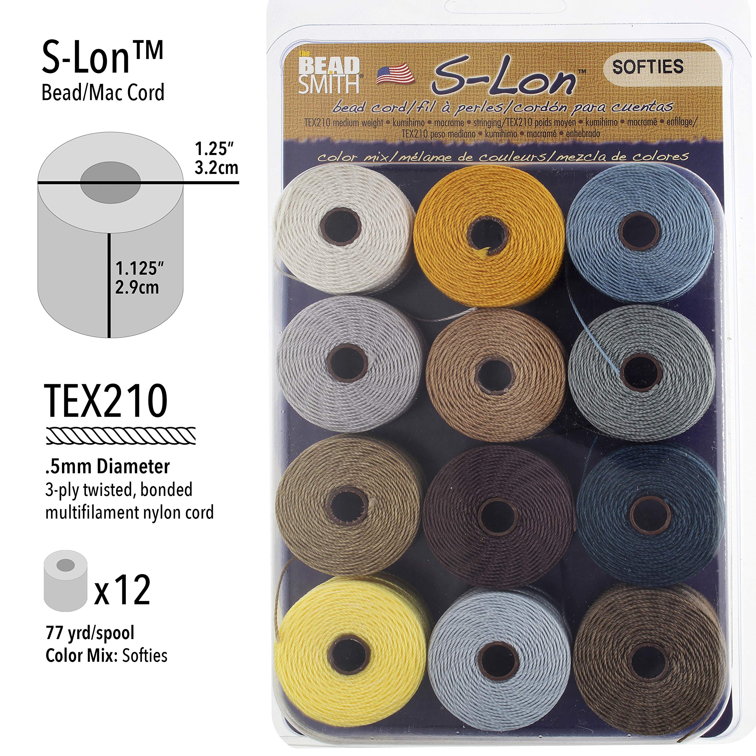 The Beadsmith S-Lon #18 Sznurek nylonowy – Softies Mix – sznurek Tex210, średnica 5 mm, 12 sztuk, szpule 77 jardów – do szydełkowania koralików, biżuterii z mikromakramy i projektów Kumihimo