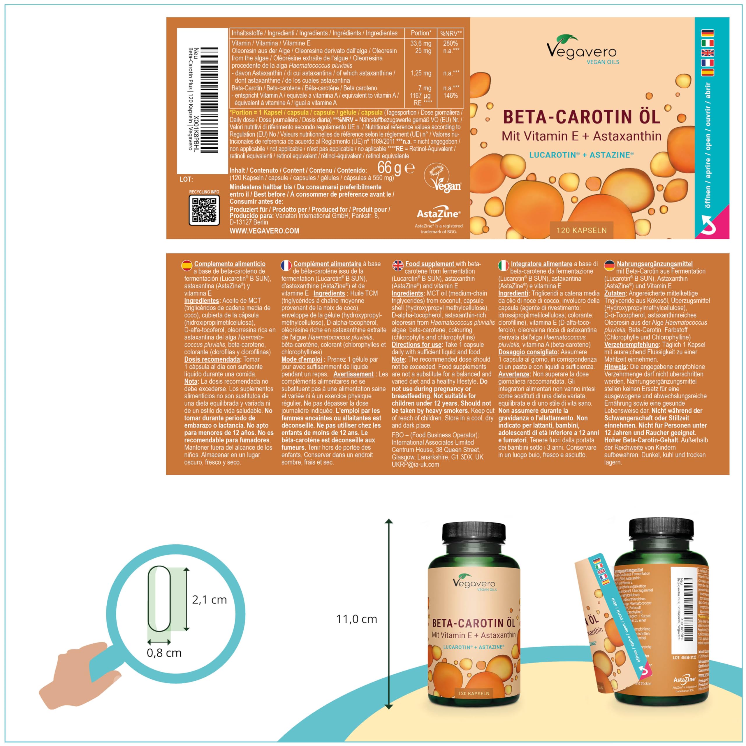 BETACAROTENE PLUS Vegavero® | con Vitamina E + Astaxantina AstaZine® | Lucarotin® B SUN Beta Carotene | Integratore Attivatore Abbronzatura | 120 capsule GreenCaps®