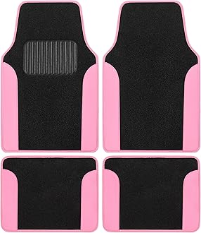 BDK Carpet Floor Mats for Cars, Two-Tone Carpet Car Mat with Faux Leather Accents, Automotive Floor Mat Sets with Built-in Heel Pad, Stylish Interior Car Accessories Pink