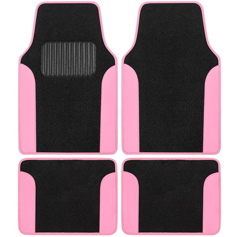 Tapetes automotivos de carpete Motor Trend com detalhes em couro sintético, apoio para calcanhar e acabamento preto e rosa, kit com 4 peças