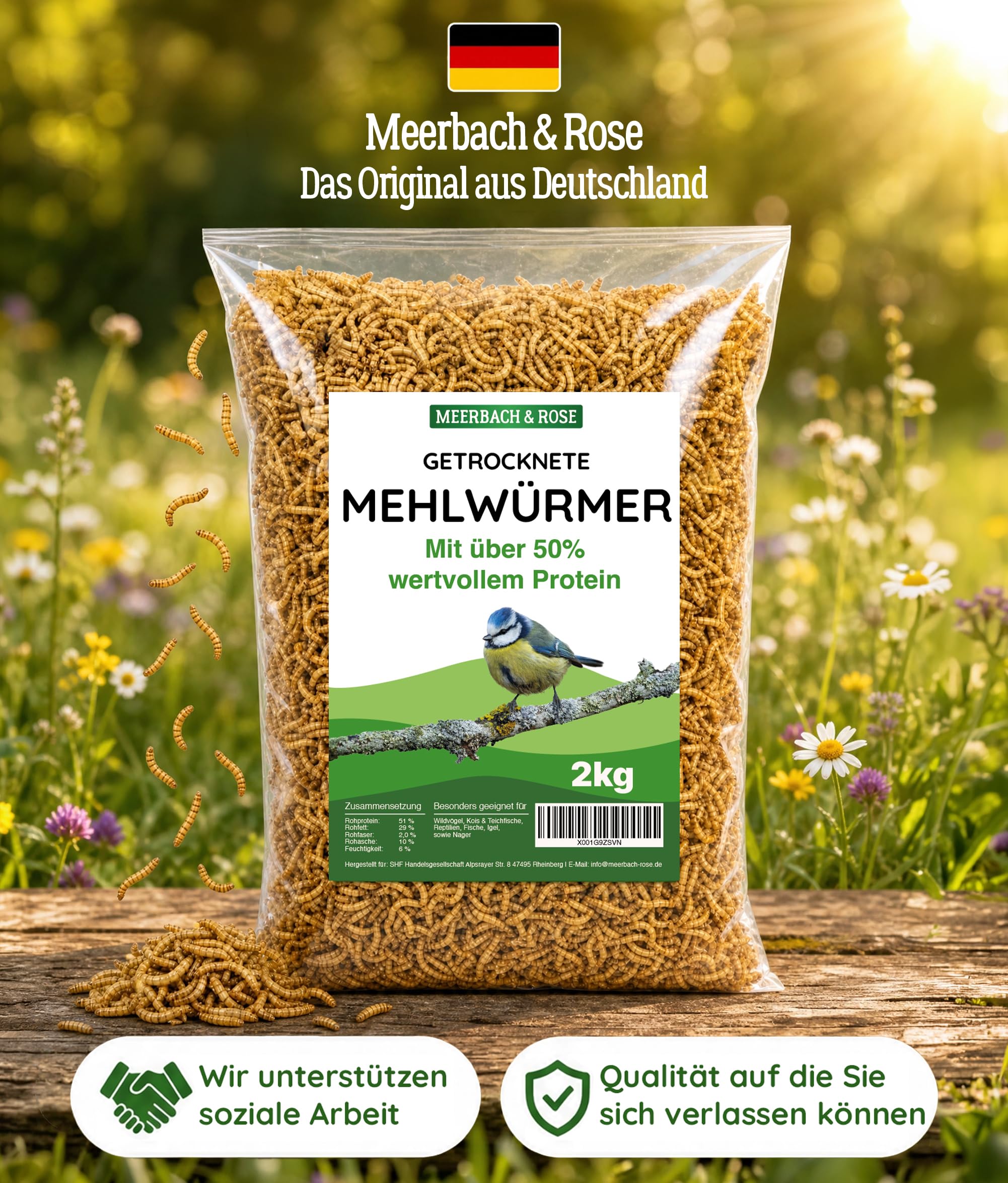 Harina seca 2 kg de capacidad (equivalente a 13 litros) | Snack rico en proteínas para pájaros, aves silvestres, peces, reptiles y roedores. MEERBACH & ROSE - Calidad de Alemania