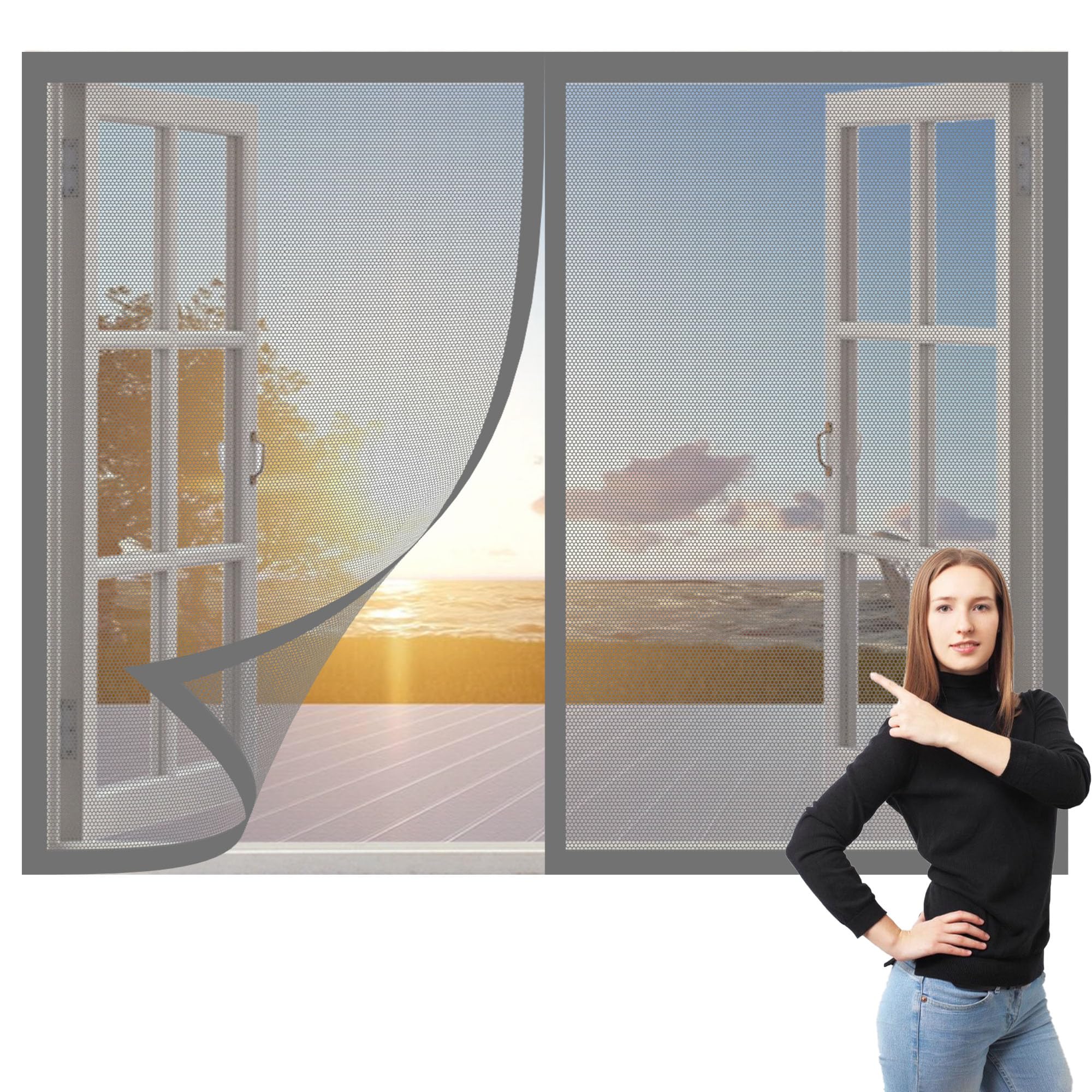 Magnetic Fly Screens Windows 145 x 85 cm Selfadhesive Tape Reinforced Thickened Window Screen Excellent Ventilation While Blocking Bugs for Living Room Bedroom Offfice, Grey
