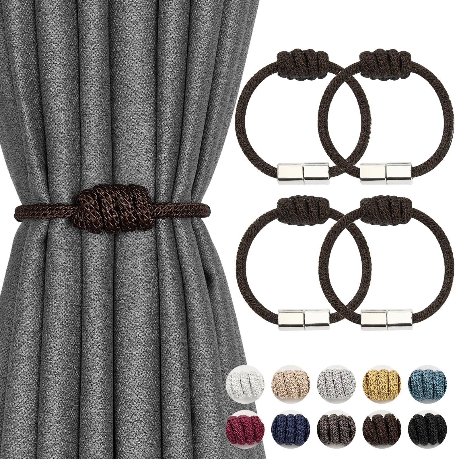 NICEEC 4 Pack Mini Magnetic Curtain Tiebacks Modern Simple Style Drape Tie Backs Elegant Hand Weave Rope Knot Decorative Curtain Holdbacks for Home &