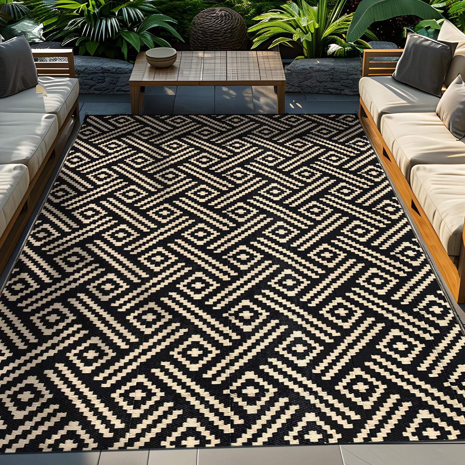 ROCYJULIN Outdoor Rug 8x10 Patio Waterproof, Outdoor Plastic Straw Rug, Outdoor Carpet for Camping, Deck, Rv, Balcony, Porch, Backyard, Reversible Outdoor Area Rug, Black and Beige